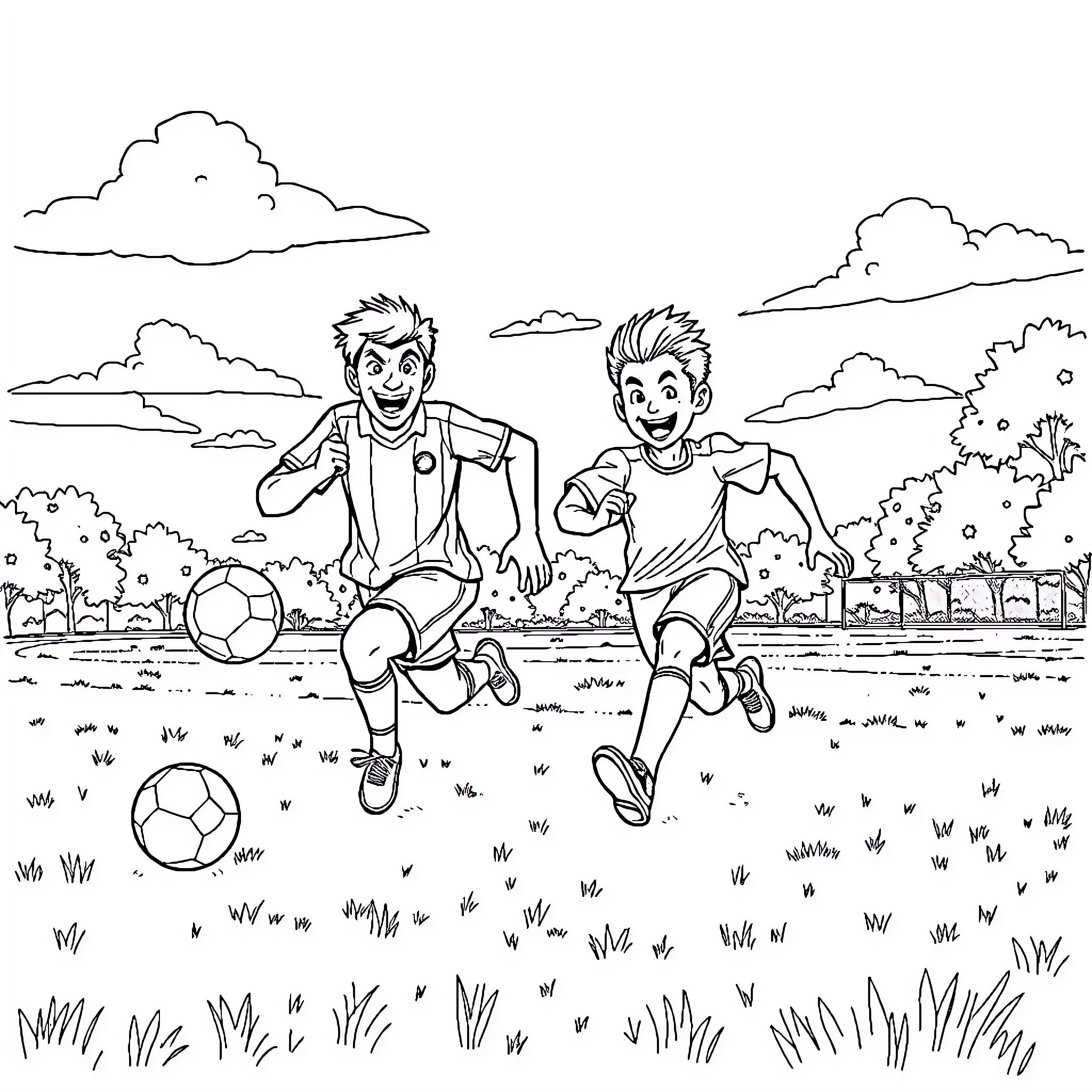 Olivier Aton's Playful Soccer Match with a Friend Coloring Page (free black-and-white line drawing printable PDF for all, from beginners to advanced learners, including children, teens, adults, and seniors)