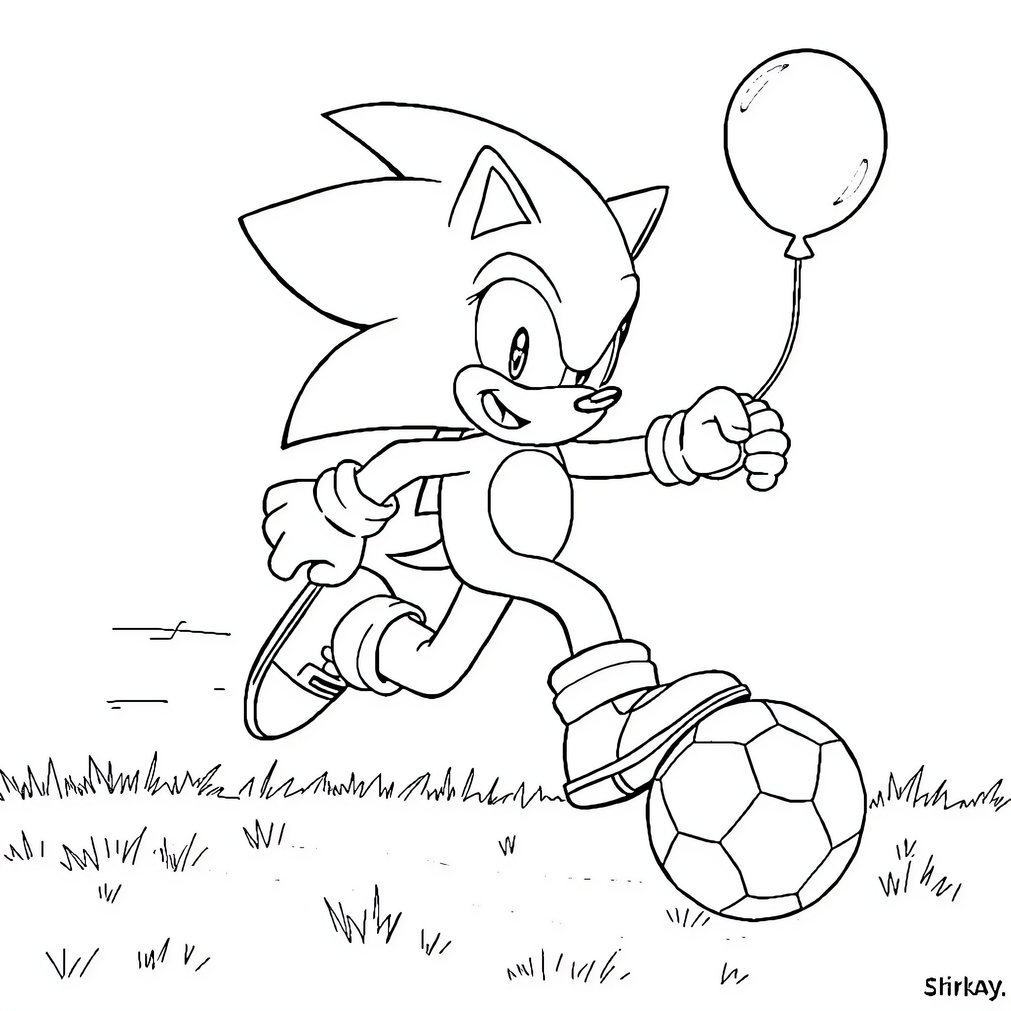 Sonic running with a balloon on a soccer field Coloring Page (free black-and-white line drawing printable PDF for all, from beginners to advanced learners, including children, teens, adults, and seniors)
