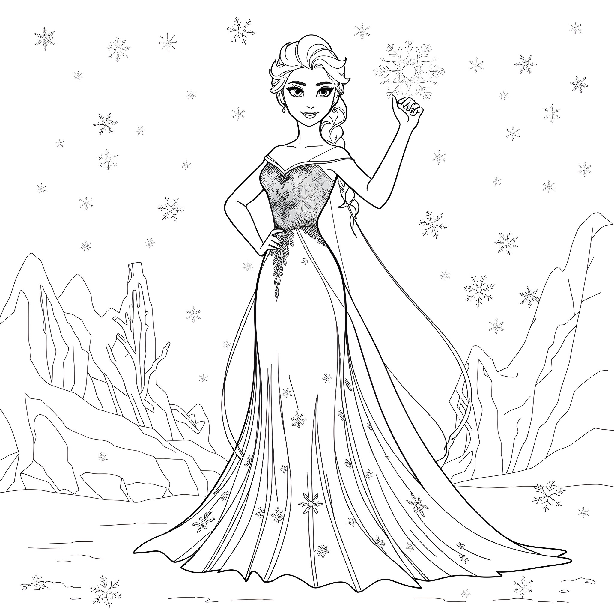 Elsa's Frosty Elegance: A Winter Wonderland Coloring Page (free black-and-white line drawing printable PDF for all, from beginners to advanced learners, including children, teens, adults, and seniors)