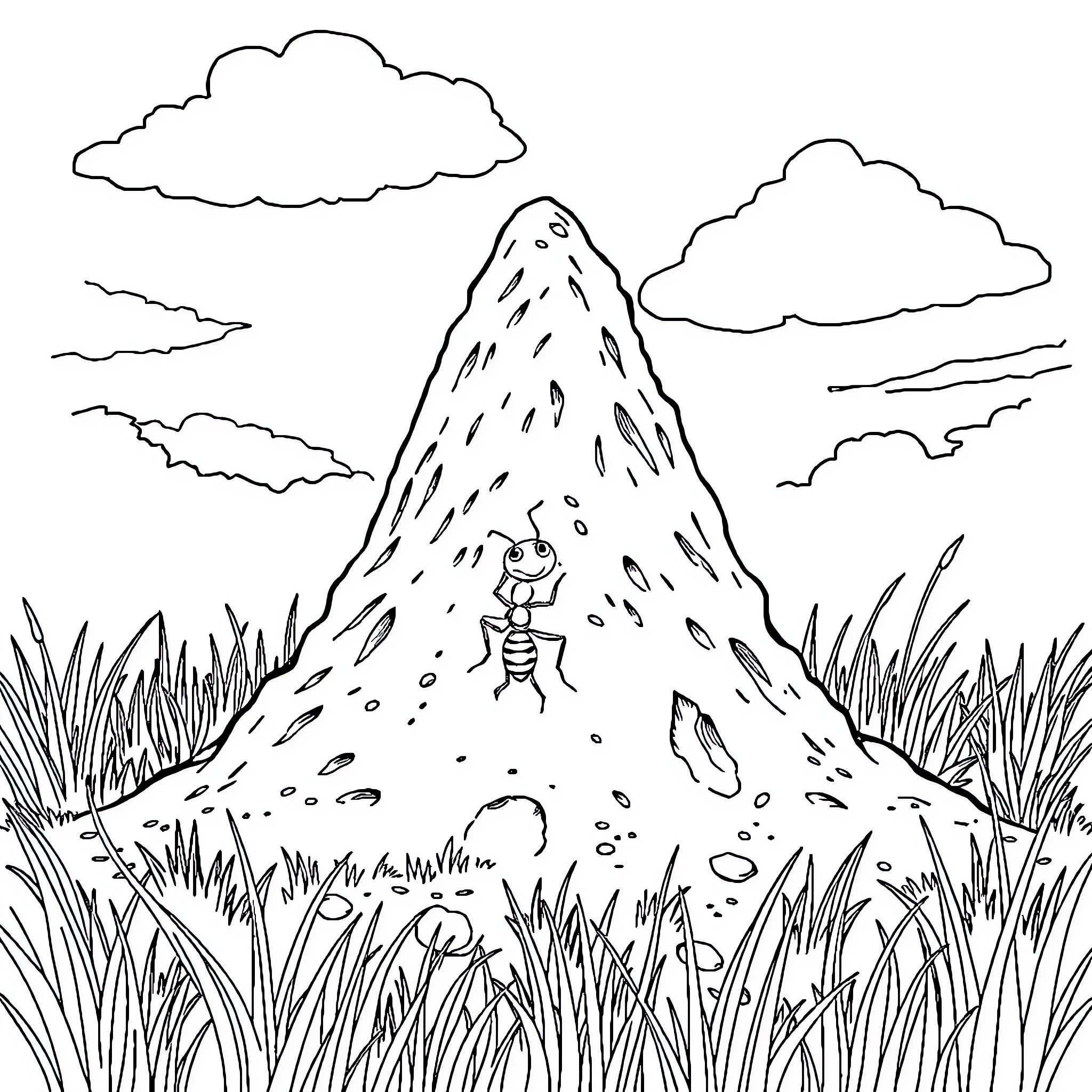 Ant exploring a scenic mountain landscape Coloring Page (free black-and-white line drawing printable PDF for all, from beginners to advanced learners, including children, teens, adults, and seniors)