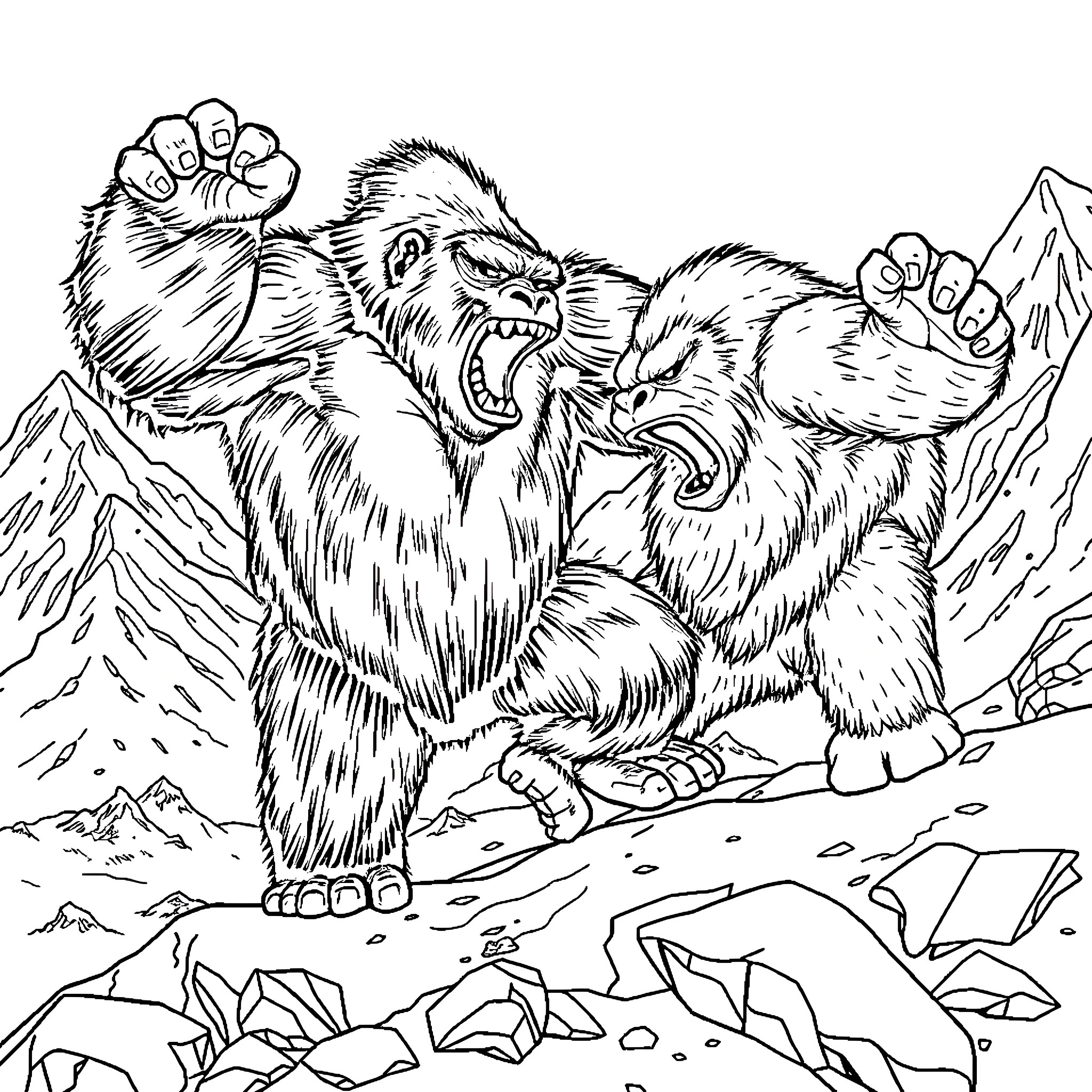 Gorilla siblings engaged in a fierce display Coloring Page (free black-and-white line drawing printable PDF for all, from beginners to advanced learners, including children, teens, adults, and seniors)