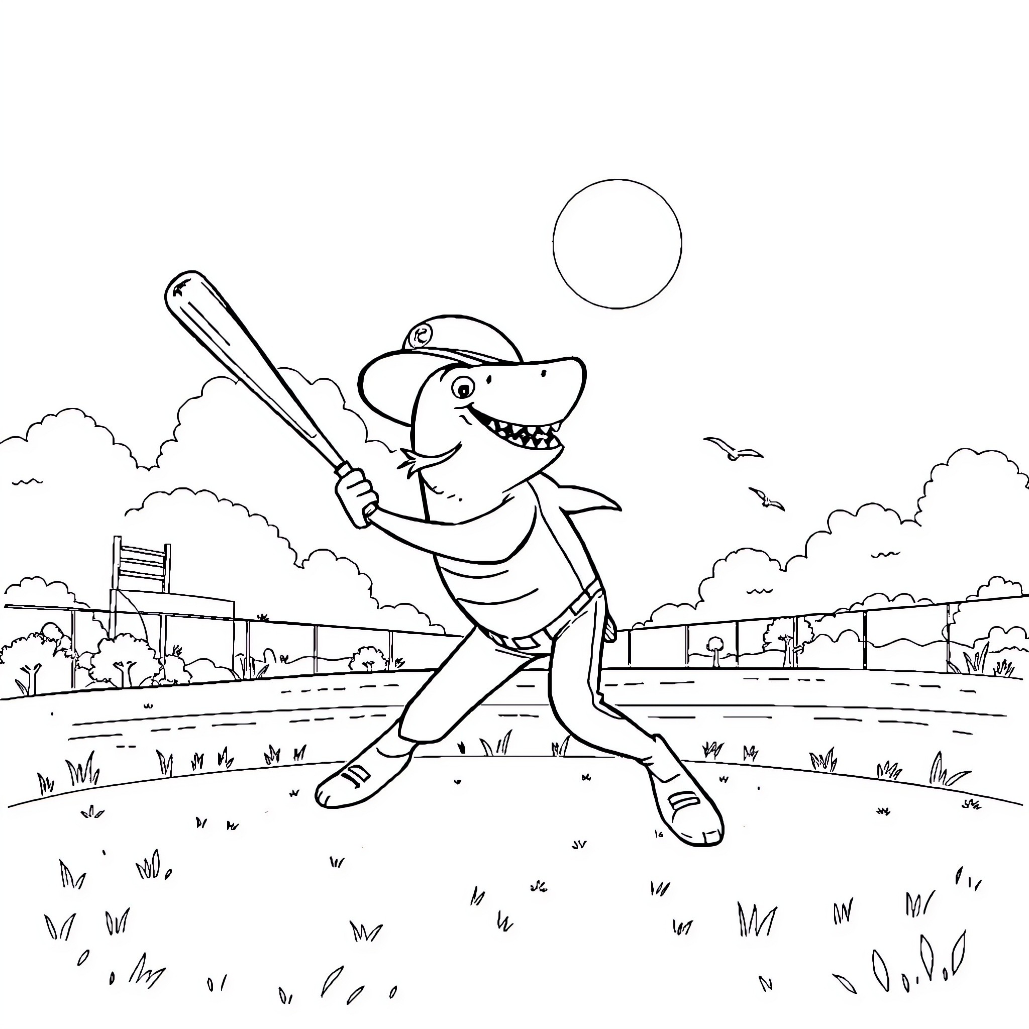 Zebrashark playing baseball in a sunny stadium Coloring Page (free black-and-white line drawing printable PDF for all, from beginners to advanced learners, including children, teens, adults, and seniors)