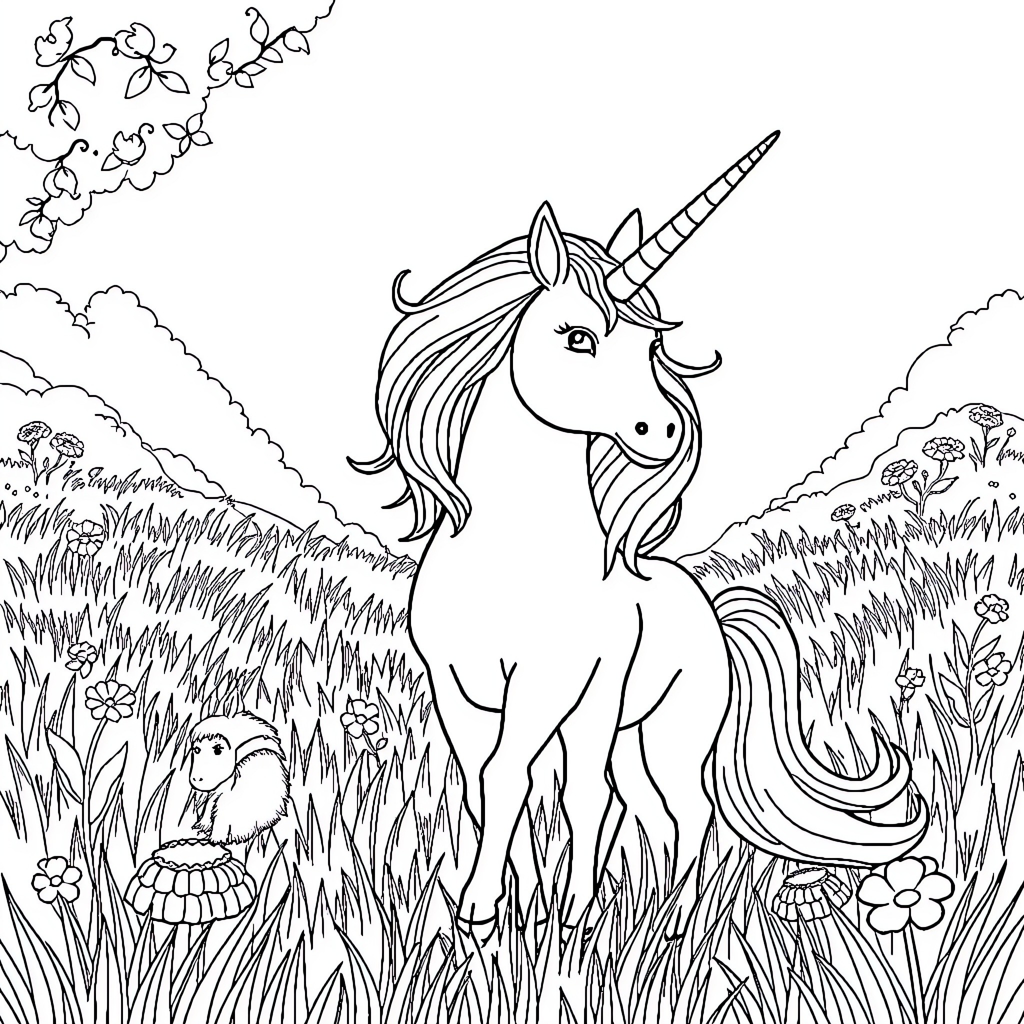 Unicorn standing proudly in a magical meadow Coloring Page (free black-and-white line drawing printable PDF for all, from beginners to advanced learners, including children, teens, adults, and seniors)