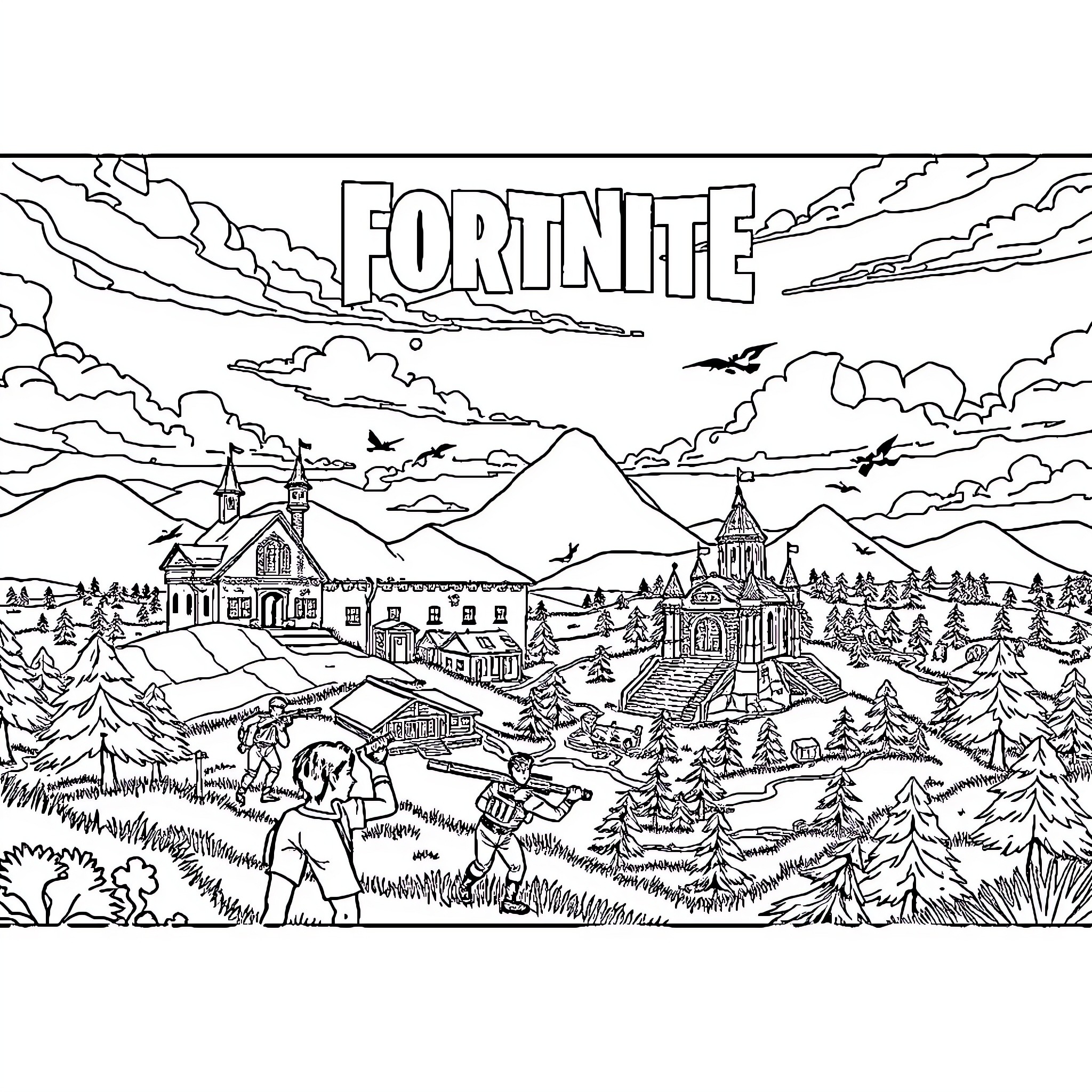 Fortnite: Fantastical Landscape with Buildings and Characters Coloring Page (free black-and-white line drawing printable PDF for all, from beginners to advanced learners, including children, teens, adults, and seniors)