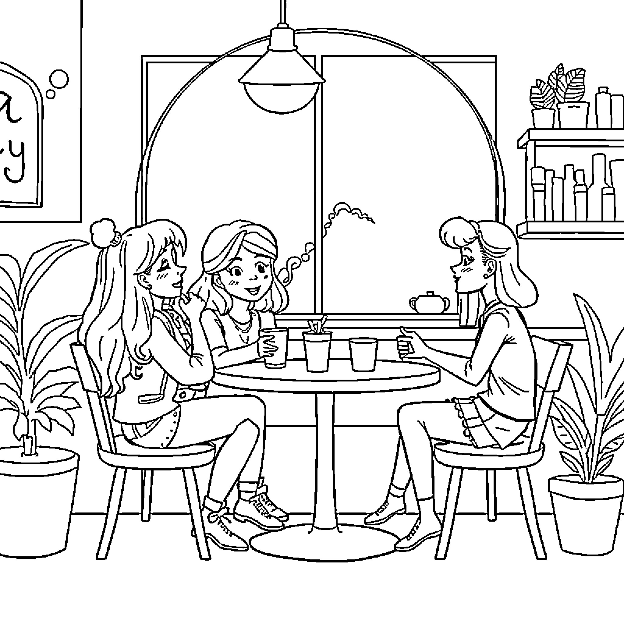 Gabby and friends enjoy a lively gathering at a cafe Coloring Page (free black-and-white line drawing printable PDF for all, from beginners to advanced learners, including children, teens, adults, and seniors)