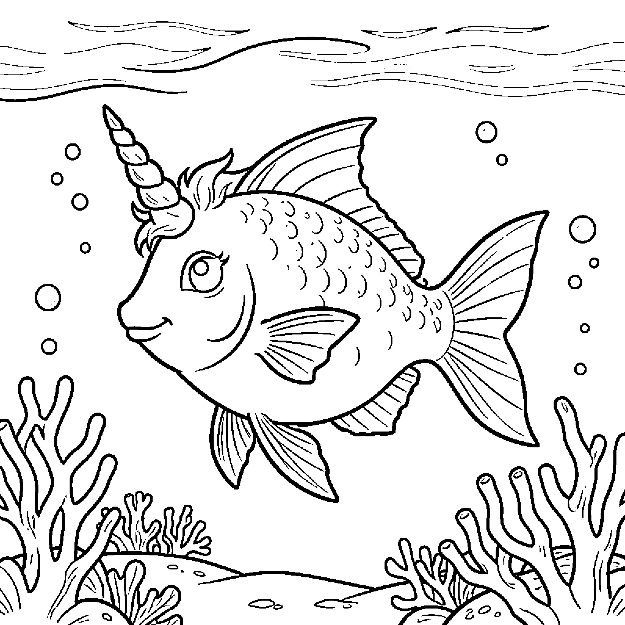 Unicorn fish swimming through the underwater sea Coloring Page (free black-and-white line drawing printable PDF for all, from beginners to advanced learners, including children, teens, adults, and seniors)