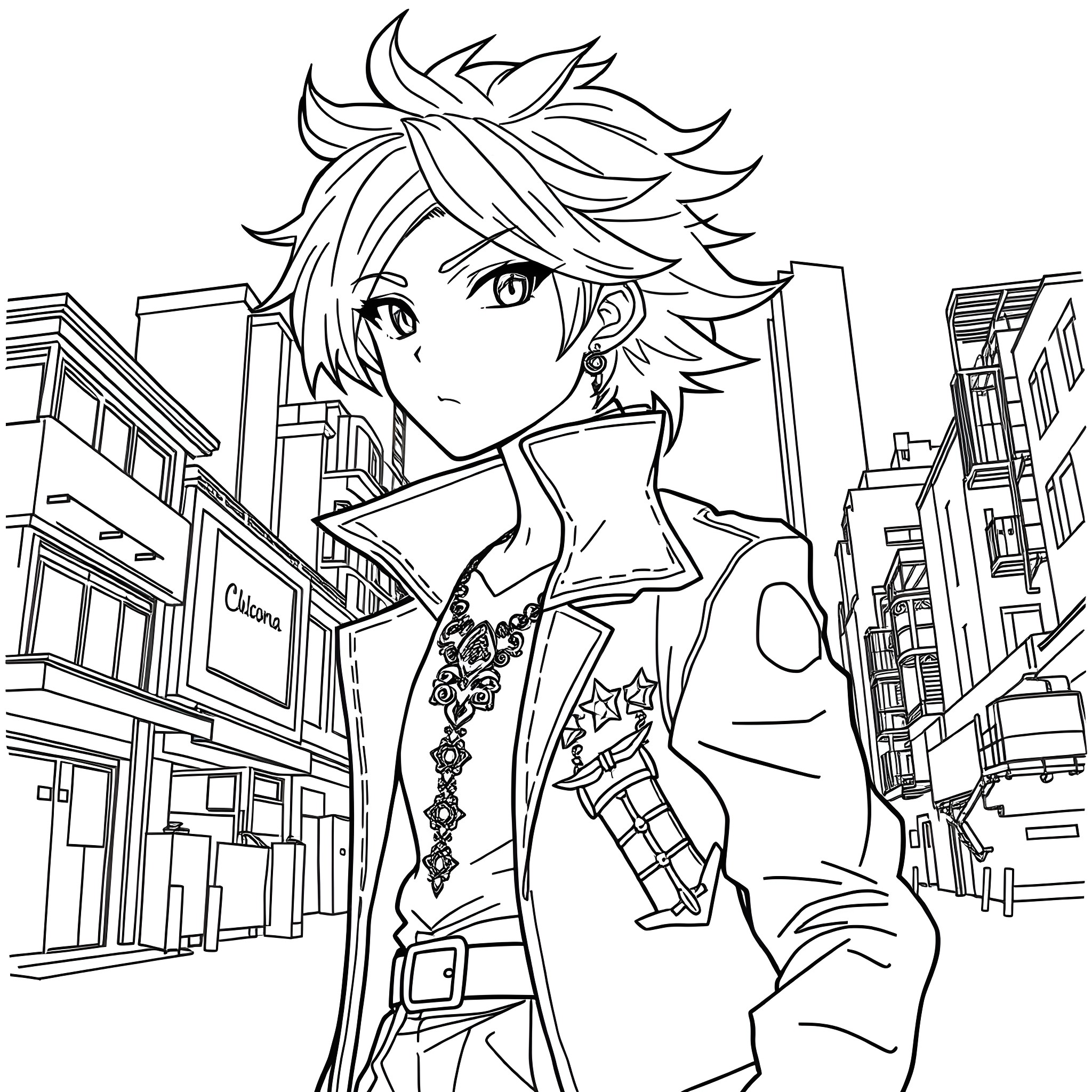 Girl in Casual Clothes on City Street Coloring Page (free black-and-white line drawing printable PDF for all, from beginners to advanced learners, including children, teens, adults, and seniors)