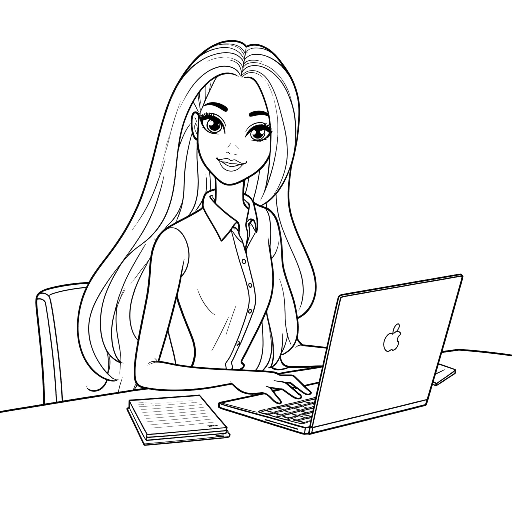 Barbie working diligently on laptop at desk Coloring Page (free black-and-white line drawing printable PDF for all, from beginners to advanced learners, including children, teens, adults, and seniors)