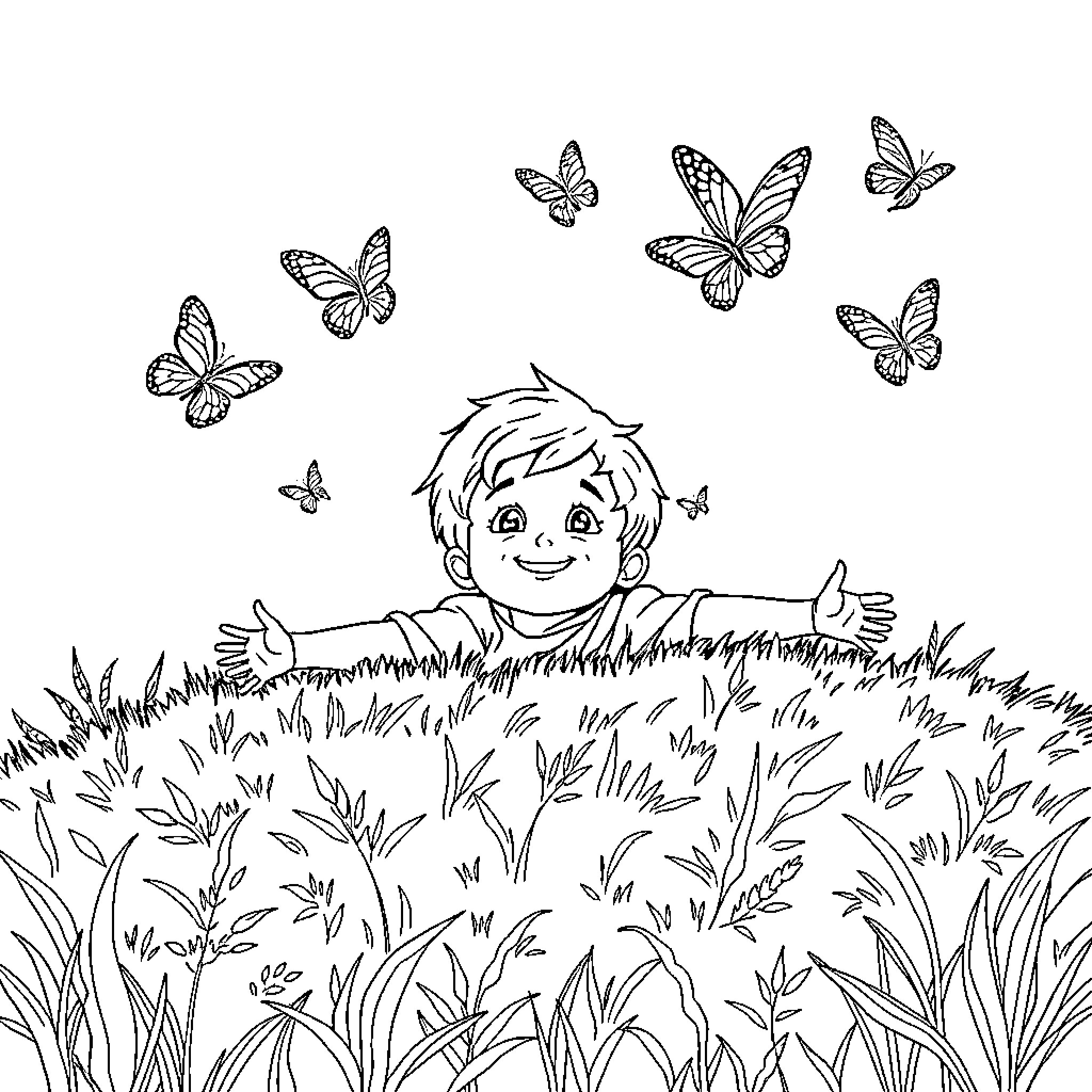 Niño delighted by butterflies in grassy field Coloring Page (free black-and-white line drawing printable PDF for all, from beginners to advanced learners, including children, teens, adults, and seniors)