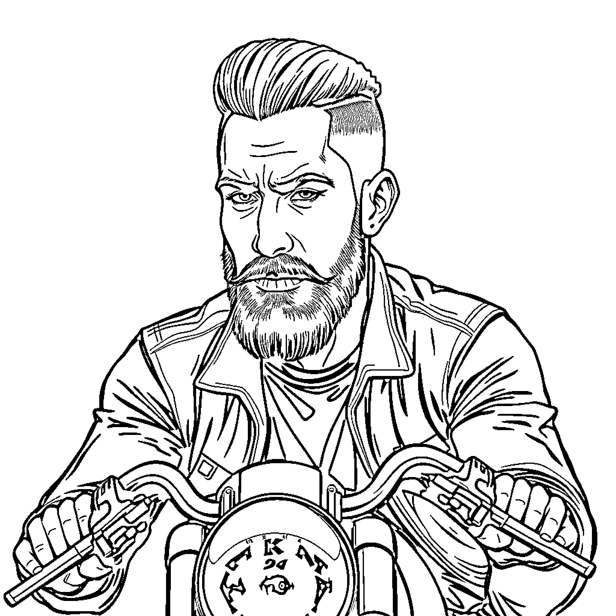 Man riding a motorcycle with determination Coloring Page (free black-and-white line drawing printable PDF for all, from beginners to advanced learners, including children, teens, adults, and seniors)