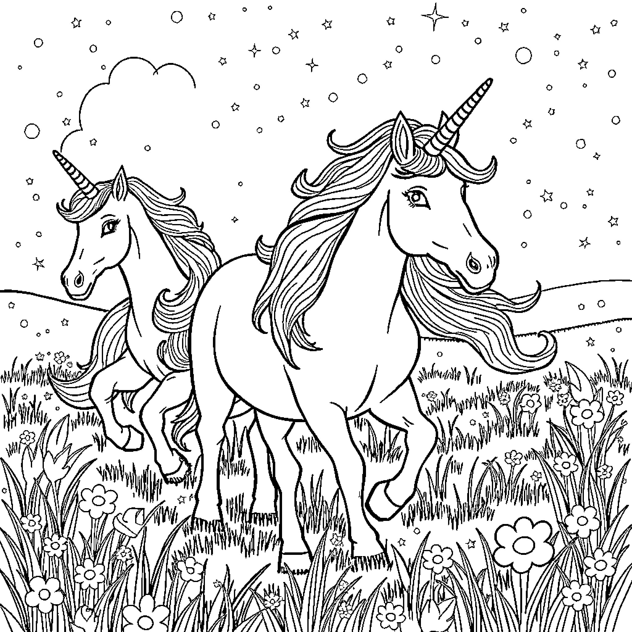Unicorn pair galloping through starry night meadow Coloring Page (free black-and-white line drawing printable PDF for all, from beginners to advanced learners, including children, teens, adults, and seniors)