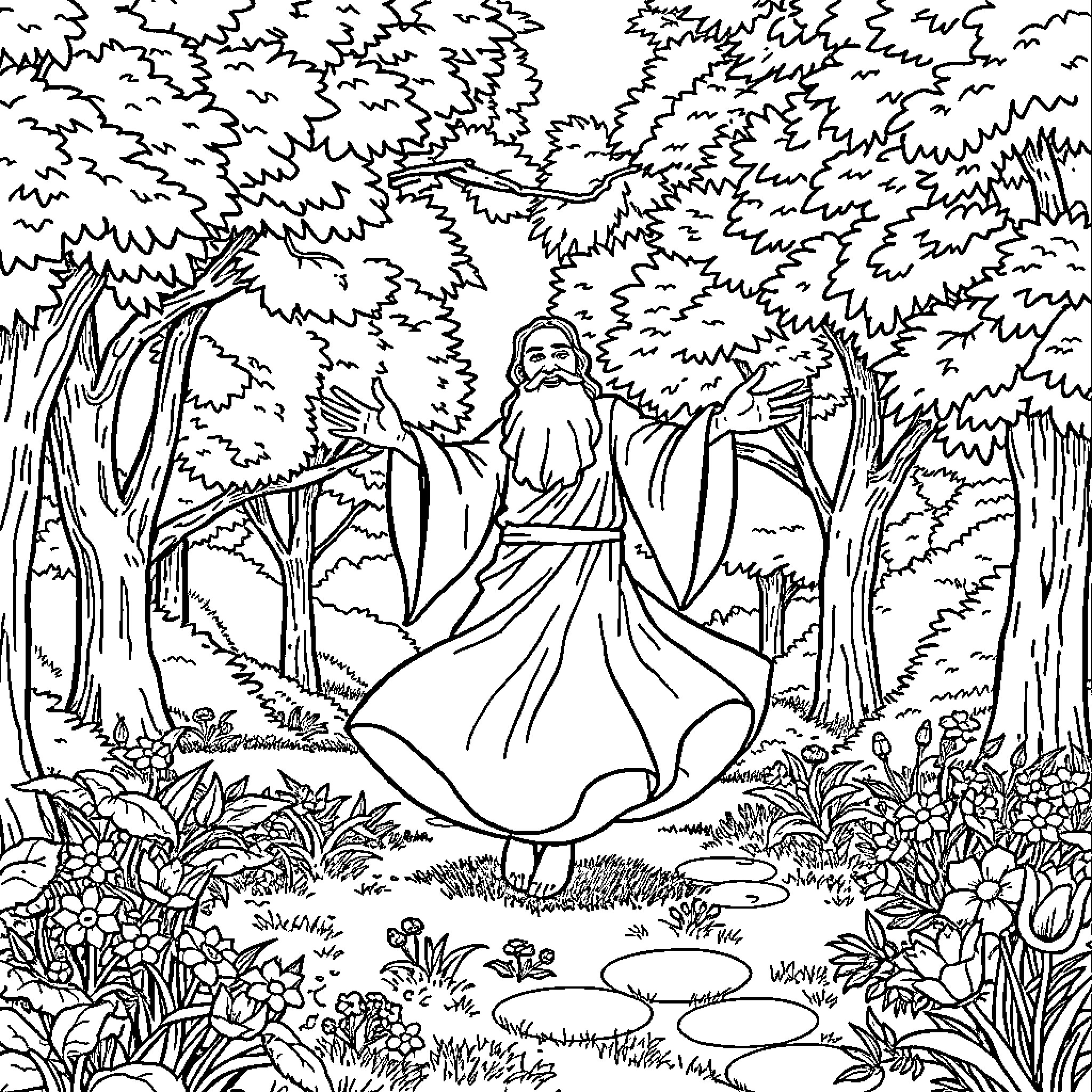 Rumi in a serene forest setting Coloring Page (free black-and-white line drawing printable PDF for all, from beginners to advanced learners, including children, teens, adults, and seniors)