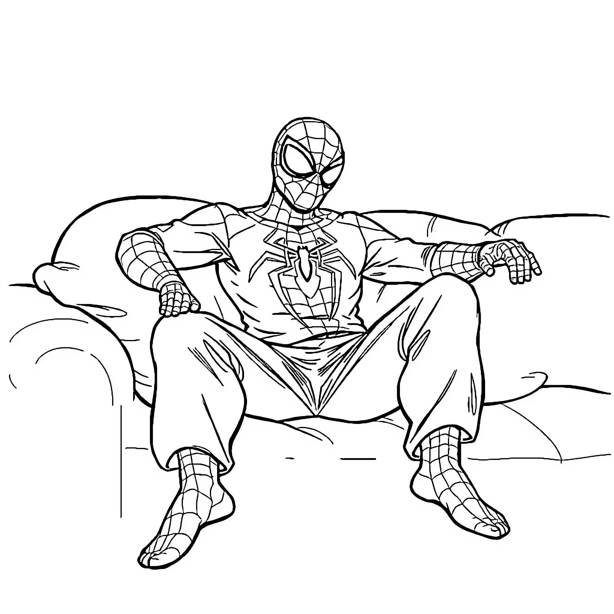 Spiderman in action-packed pose Coloring Page (free black-and-white line drawing printable PDF for all, from beginners to advanced learners, including children, teens, adults, and seniors)