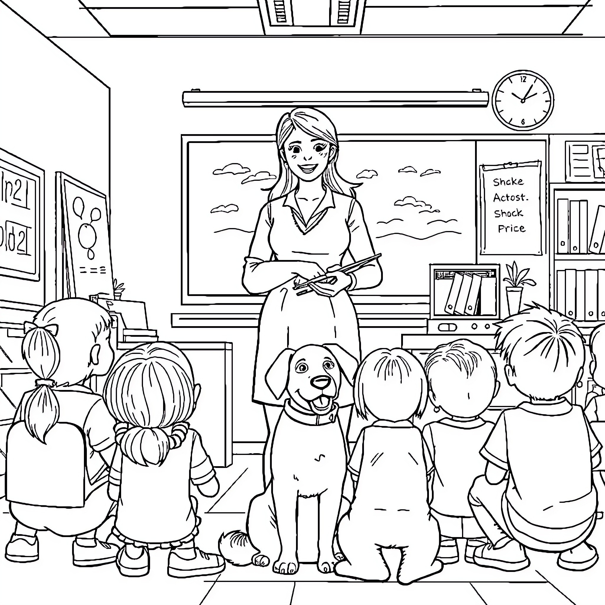 Teacher leading a classroom of students and dog Coloring Page (free black-and-white line drawing printable PDF for all, from beginners to advanced learners, including children, teens, adults, and seniors)