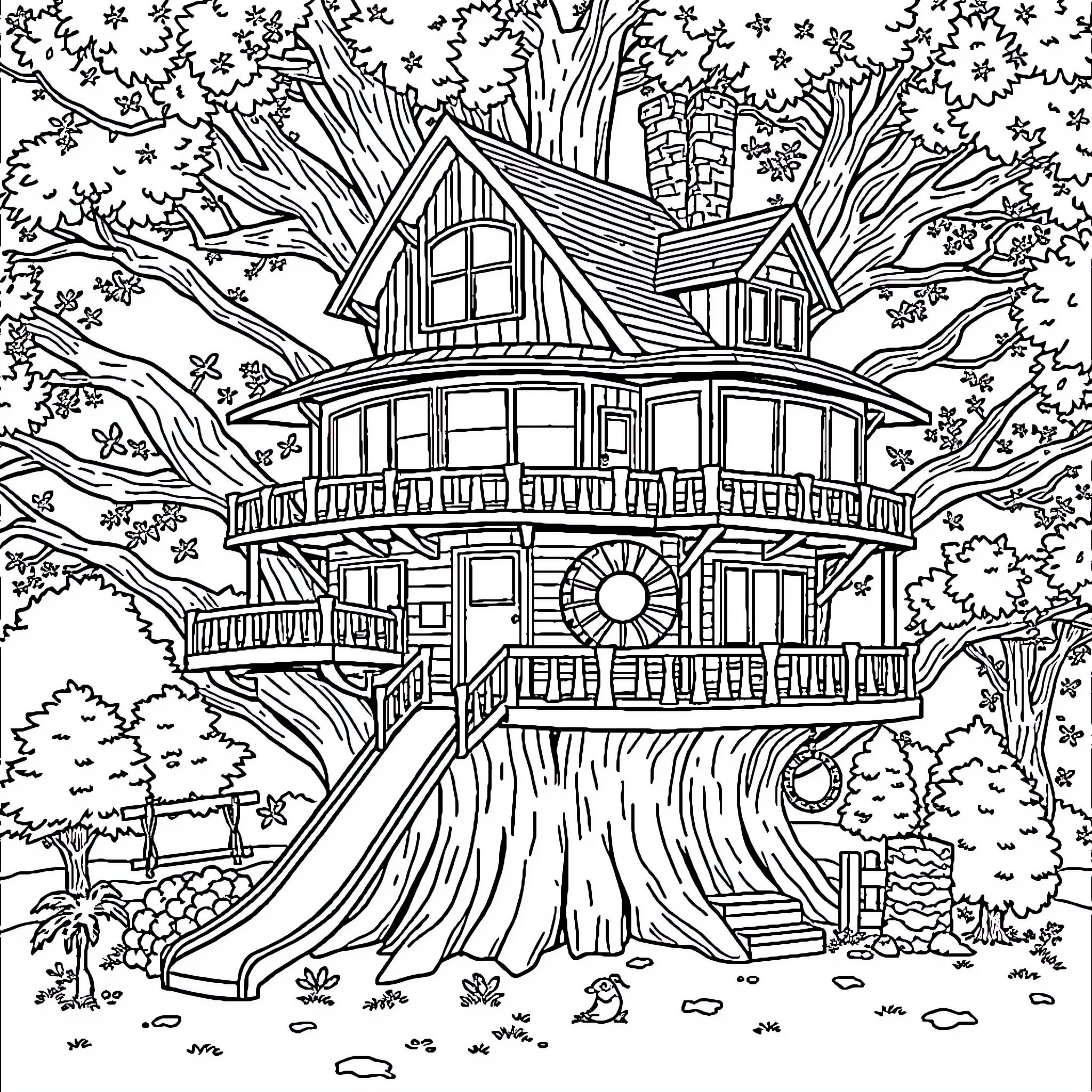 Tree House with Intricate Design and Lush Surroundings Coloring Page (free black-and-white line drawing printable PDF for all, from beginners to advanced learners, including children, teens, adults, and seniors)