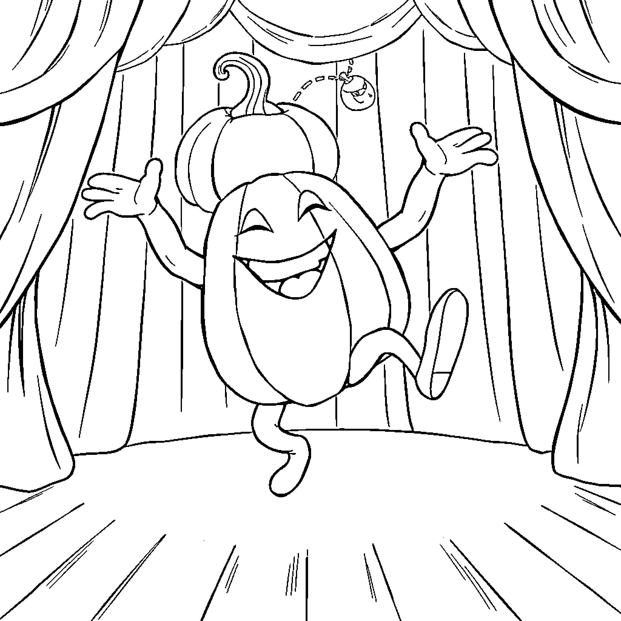 Pumpkin character performing on stage Coloring Page (free black-and-white line drawing printable PDF for all, from beginners to advanced learners, including children, teens, adults, and seniors)