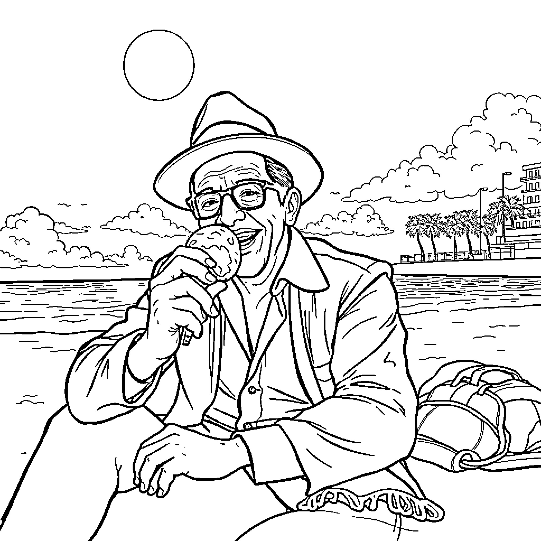 Frank Sinatra relaxing by the lake Coloring Page (free black-and-white line drawing printable PDF for all, from beginners to advanced learners, including children, teens, adults, and seniors)