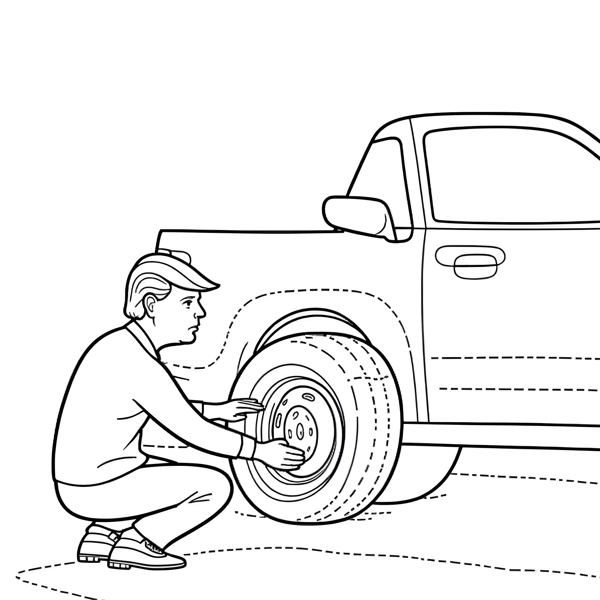 Donald Trump changing the tire of his car Coloring Page (free black-and-white line drawing printable PDF for all, from beginners to advanced learners, including children, teens, adults, and seniors)