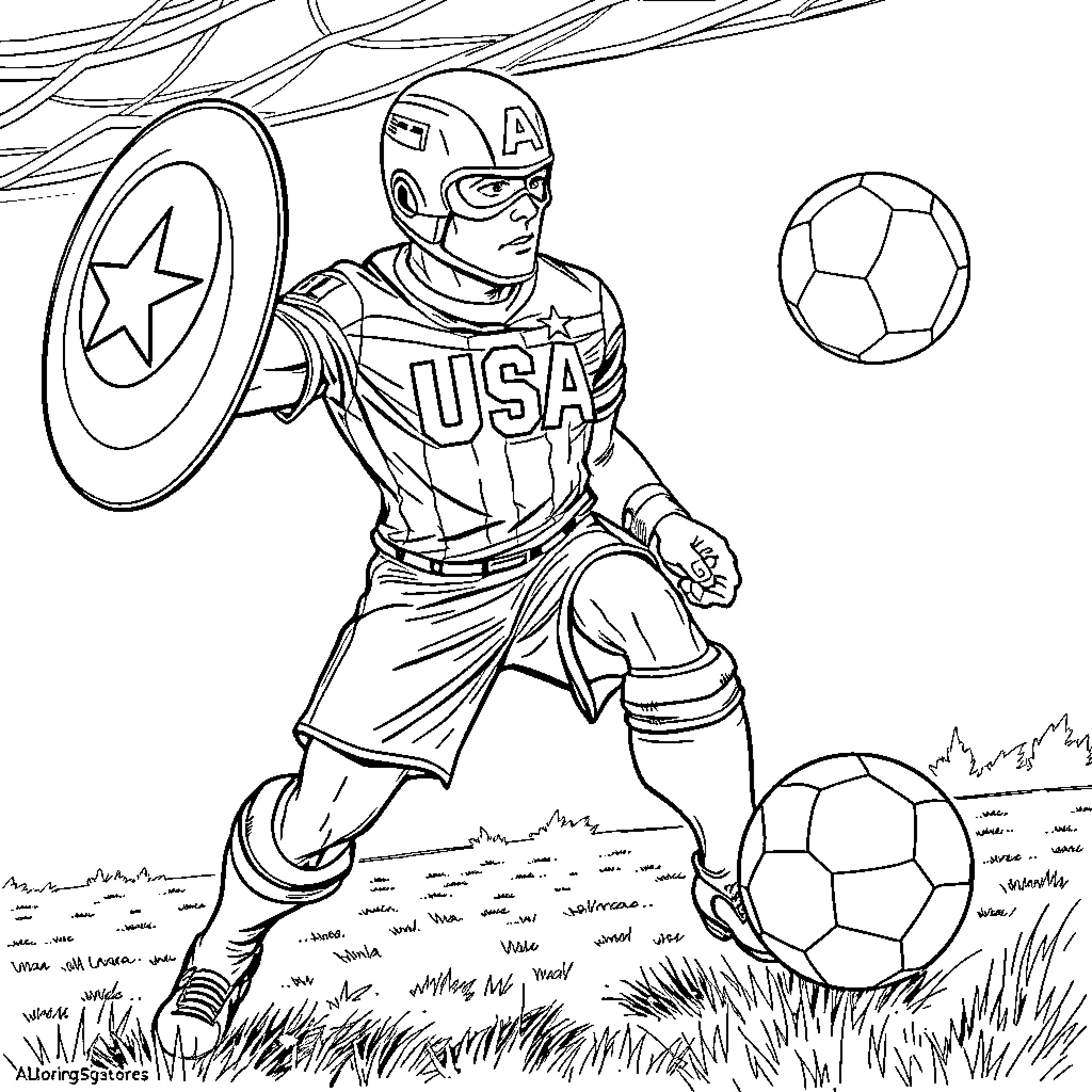 Captain America Playing Soccer in the Park Coloring Page (free black-and-white line drawing printable PDF for all, from beginners to advanced learners, including children, teens, adults, and seniors)