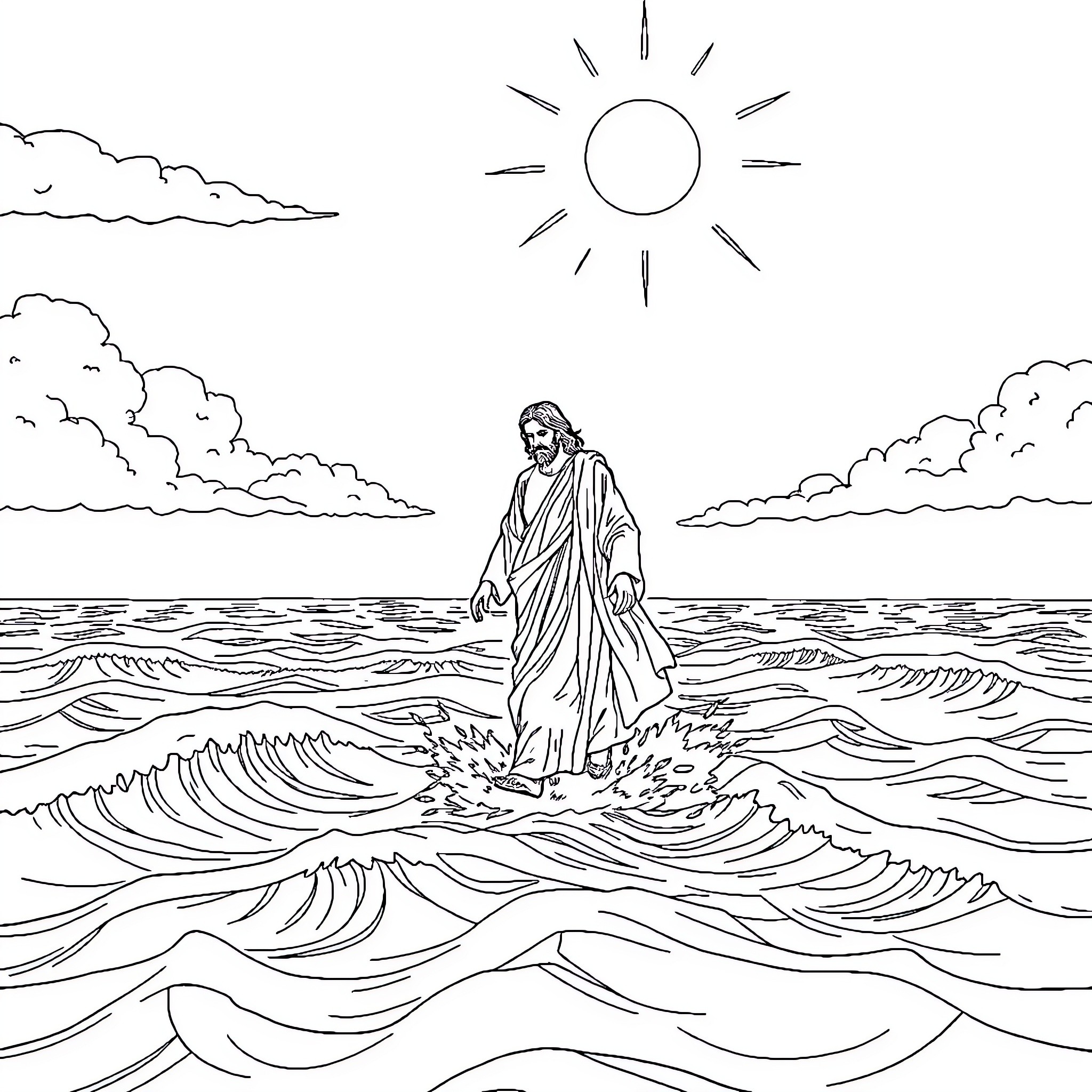Jesus walking on the stormy sea Coloring Page (free black-and-white line drawing printable PDF for all, from beginners to advanced learners, including children, teens, adults, and seniors)