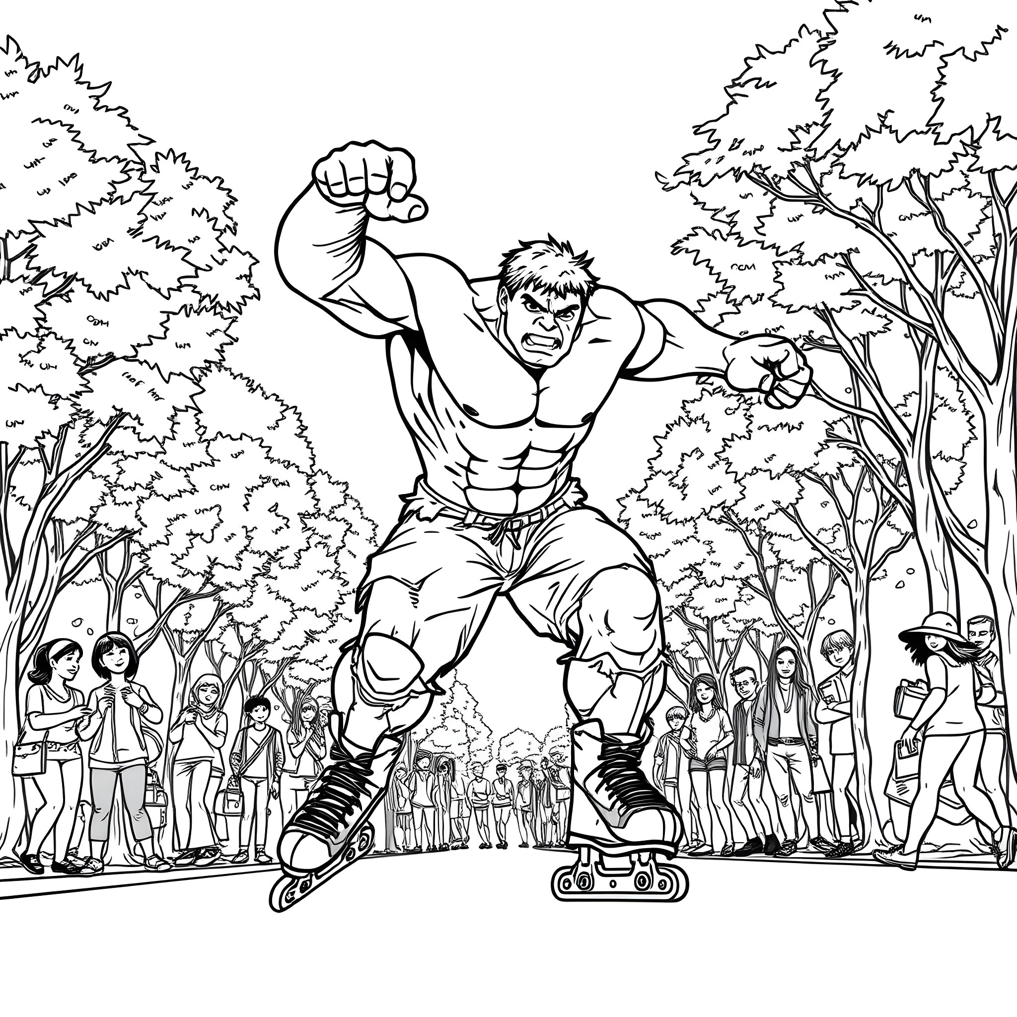 Hulk Skates Through a Crowd Coloring Page (free black-and-white line drawing printable PDF for all, from beginners to advanced learners, including children, teens, adults, and seniors)