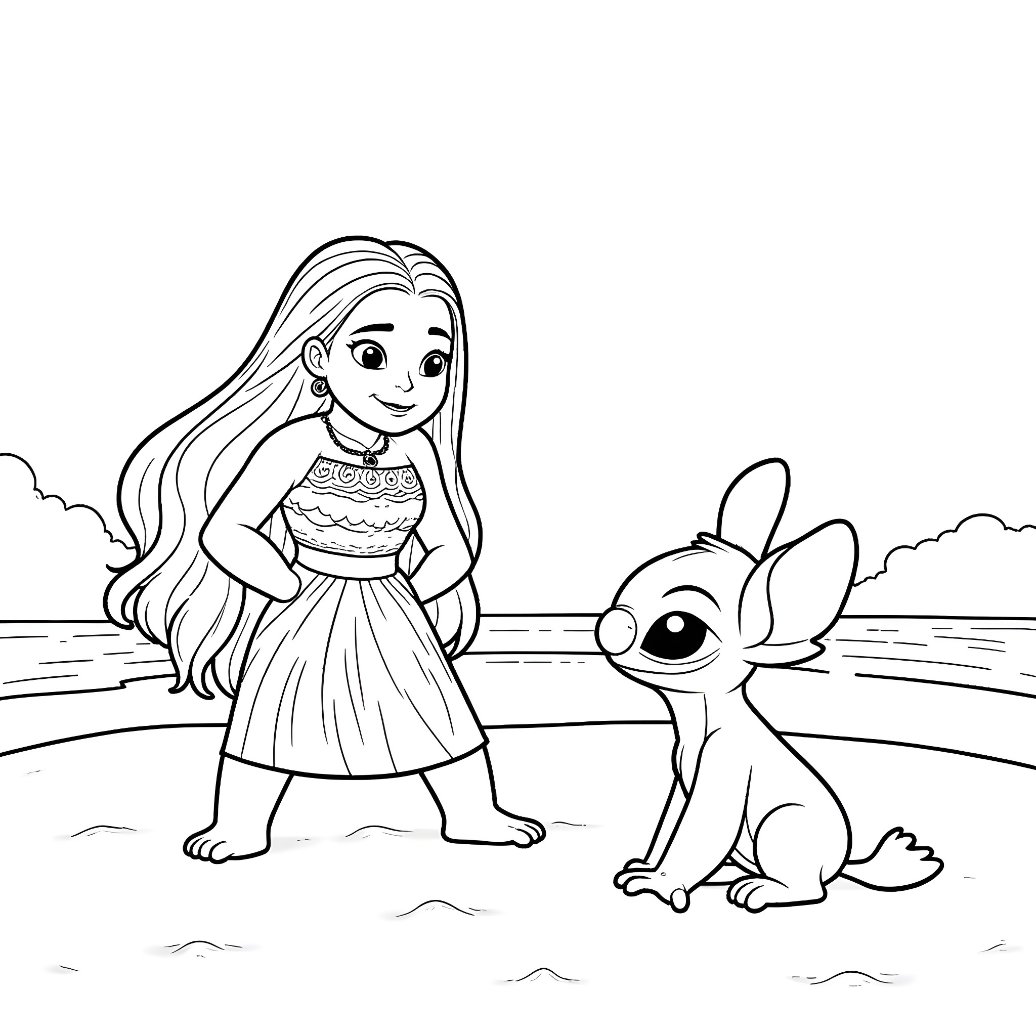 Moana and Stitch in a Tropical Setting Coloring Page (free black-and-white line drawing printable PDF for all, from beginners to advanced learners, including children, teens, adults, and seniors)
