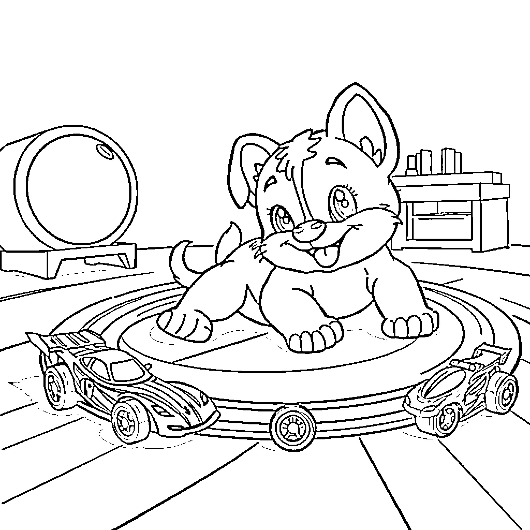 Bluey playing happily with toy cars Coloring Page (free black-and-white line drawing printable PDF for all, from beginners to advanced learners, including children, teens, adults, and seniors)