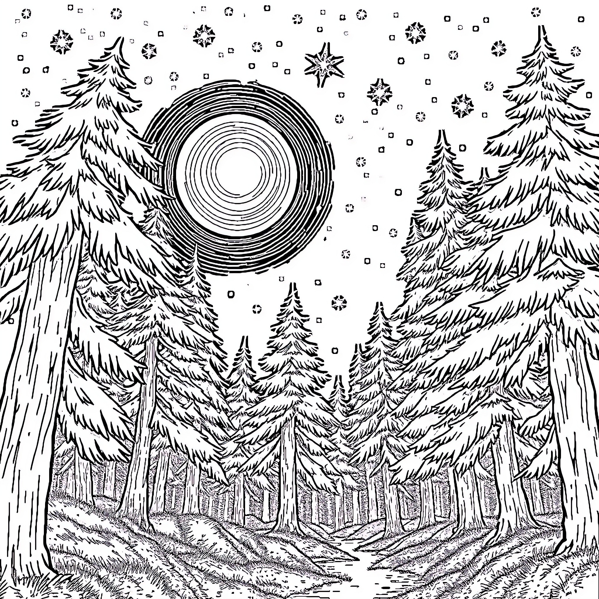 Night in the Winter Wonderland Coloring Page (free black-and-white line drawing printable PDF for all, from beginners to advanced learners, including children, teens, adults, and seniors)