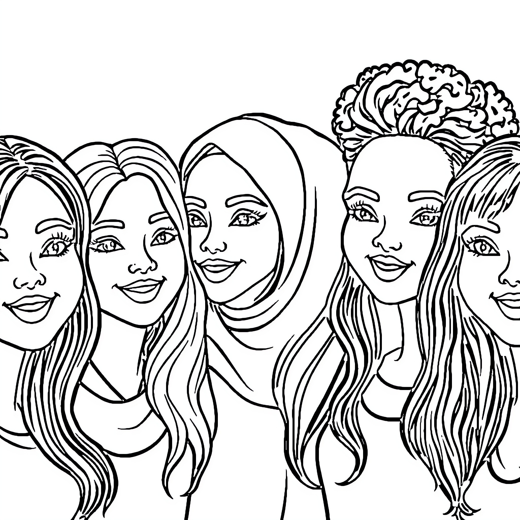 Friend group celebrating together with stylish outfits Coloring Page (free black-and-white line drawing printable PDF for all, from beginners to advanced learners, including children, teens, adults, and seniors)