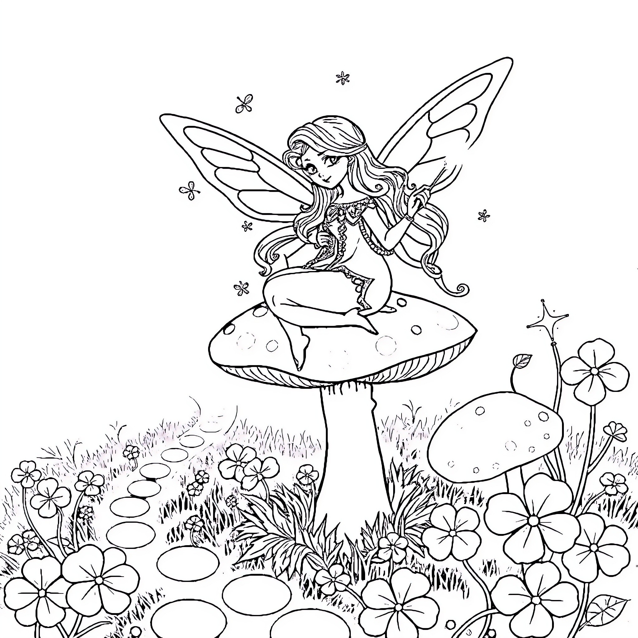 Fairy sitting on a mushroom in a magical floral scene Coloring Page (free black-and-white line drawing printable PDF for all, from beginners to advanced learners, including children, teens, adults, and seniors)