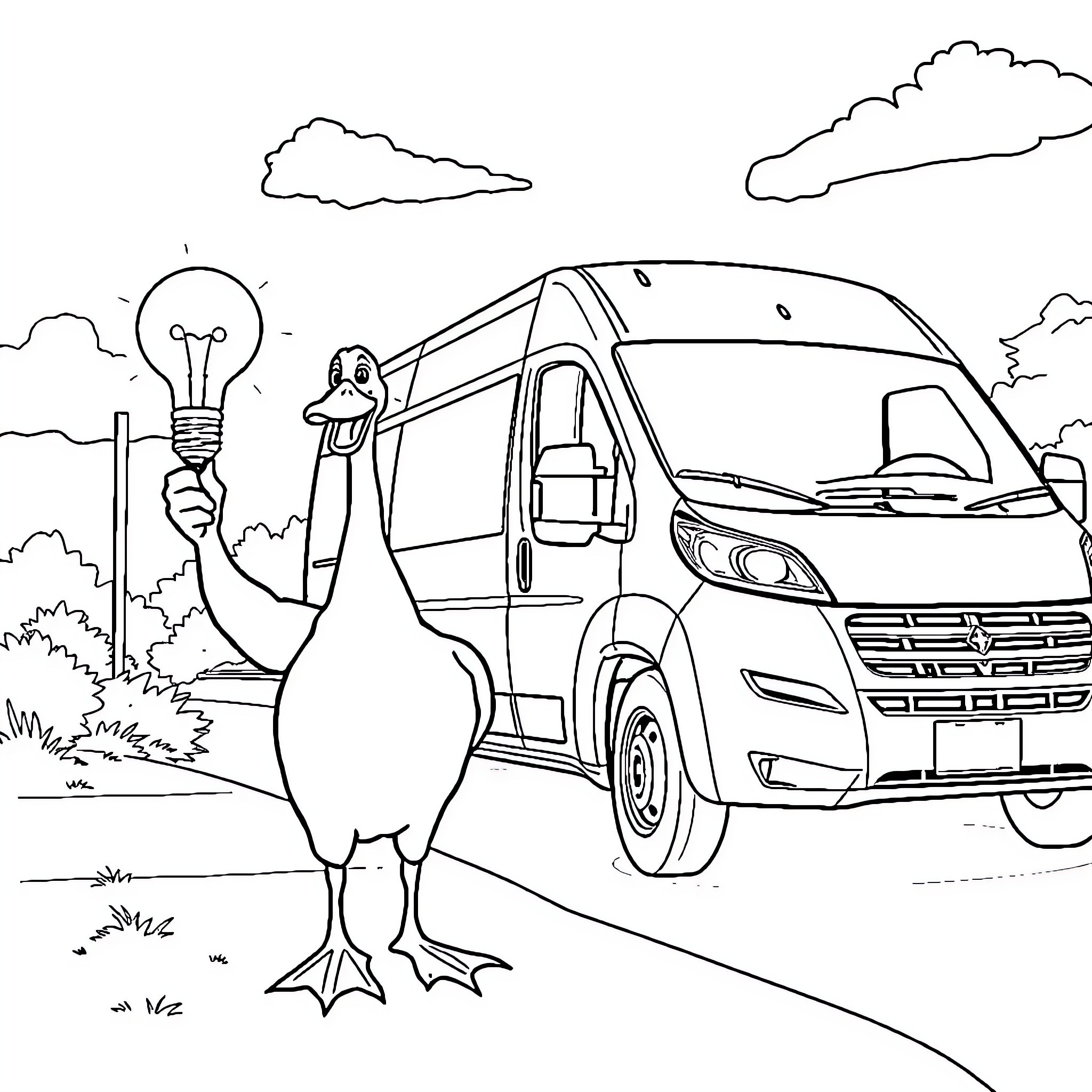 Goose with bright idea standing near delivery van Coloring Page (free black-and-white line drawing printable PDF for all, from beginners to advanced learners, including children, teens, adults, and seniors)
