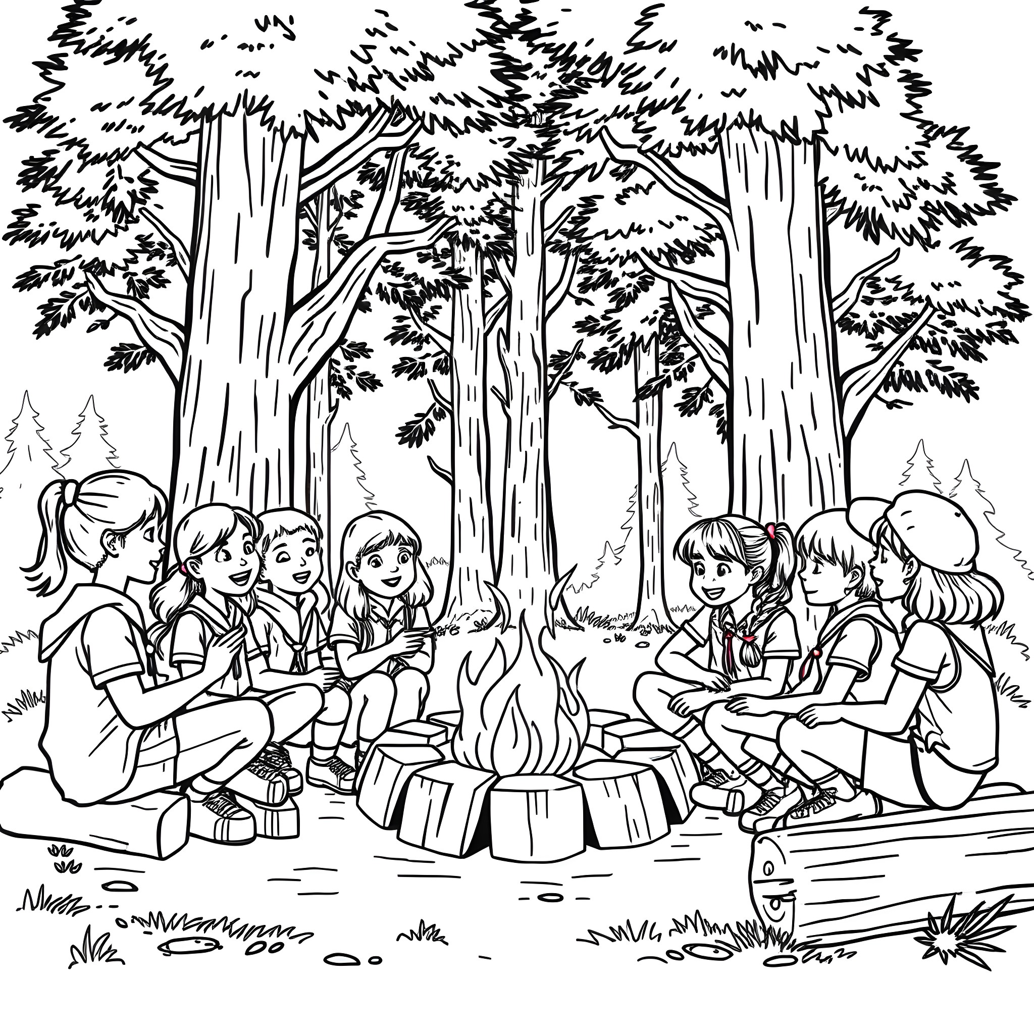 Brownie Scouts Enjoying a Campfire in the Forest Coloring Page (free black-and-white line drawing printable PDF for all, from beginners to advanced learners, including children, teens, adults, and seniors)