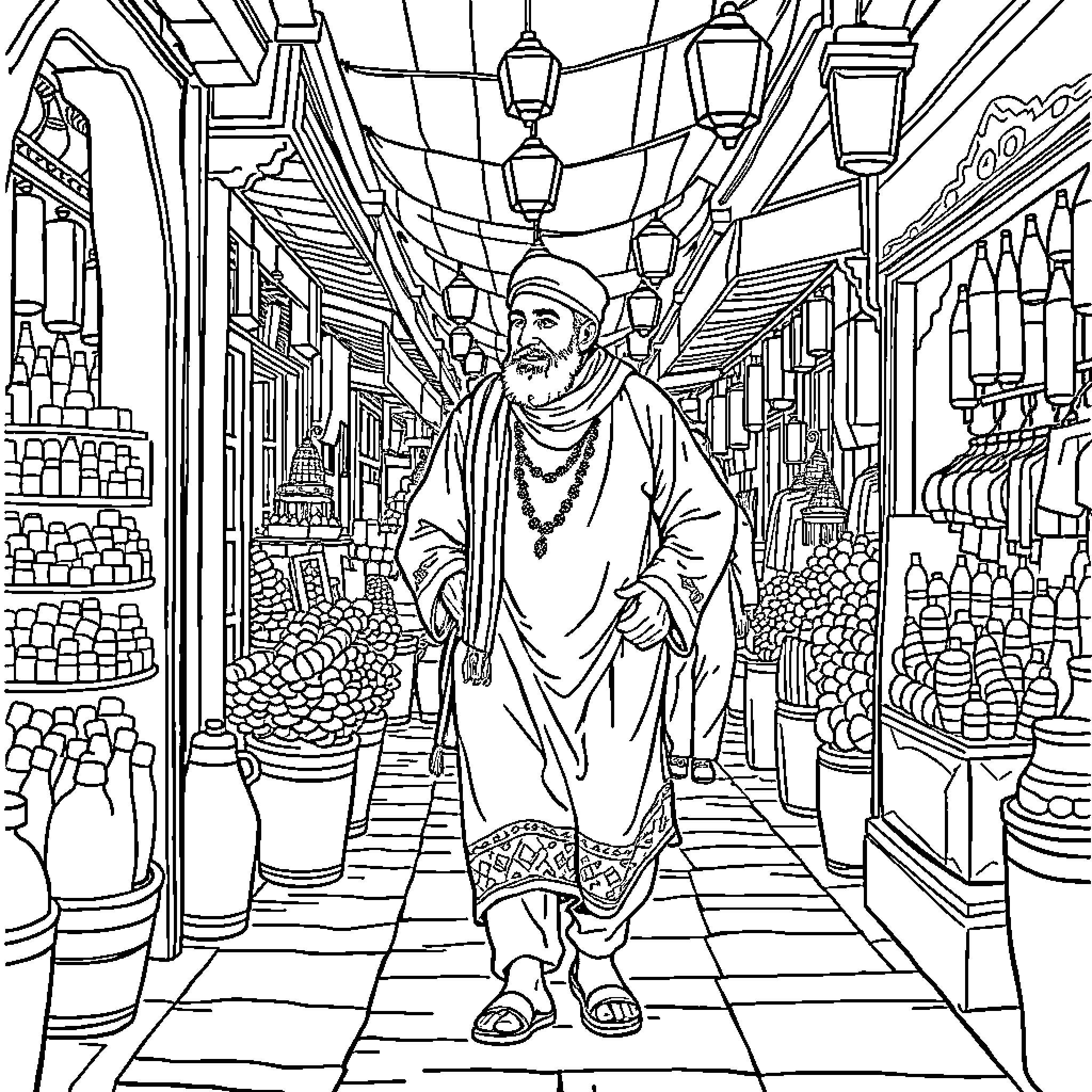 Man walking through bustling market street Coloring Page (free black-and-white line drawing printable PDF for all, from beginners to advanced learners, including children, teens, adults, and seniors)