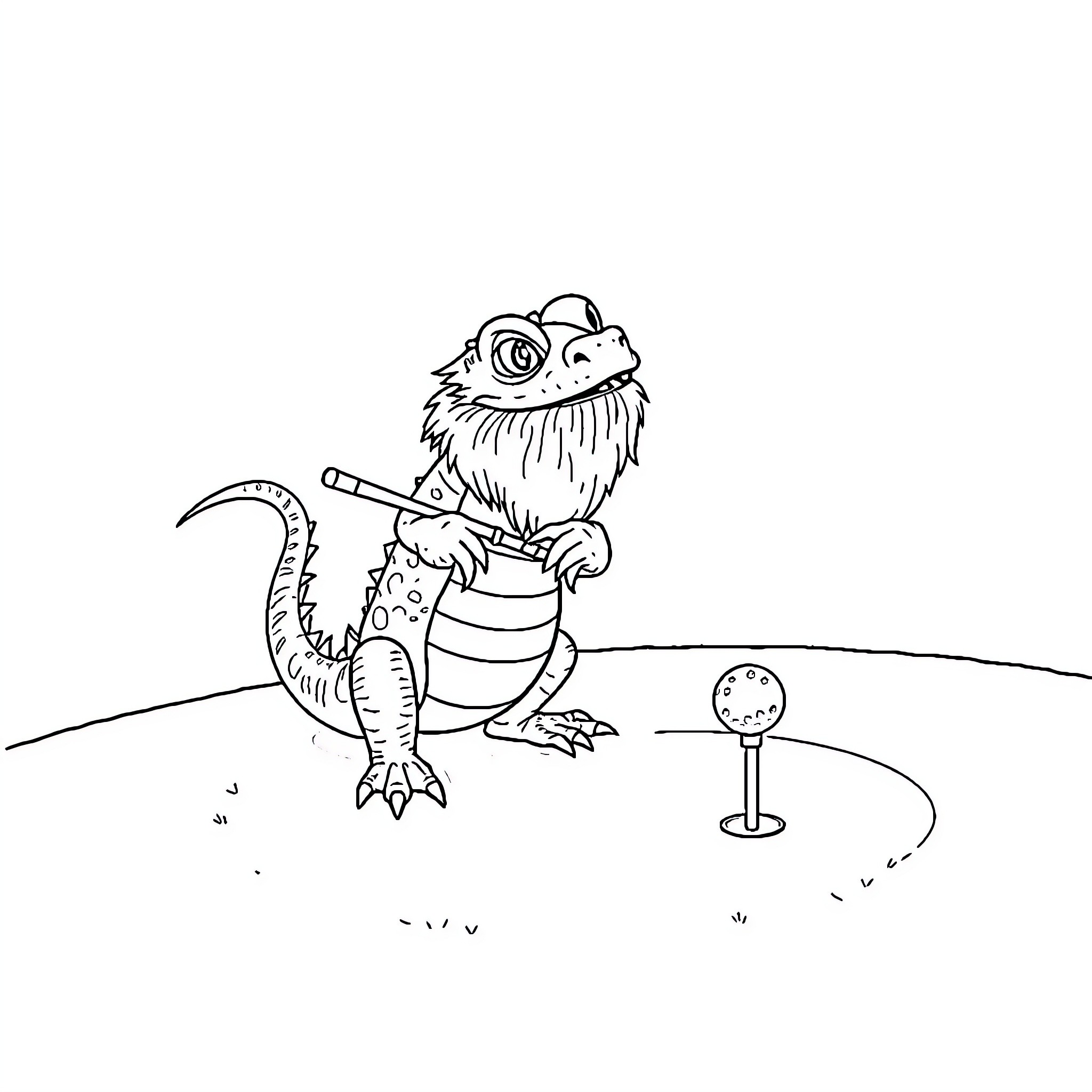 Bearded Dragon playing golf on a course Coloring Page (free black-and-white line drawing printable PDF for all, from beginners to advanced learners, including children, teens, adults, and seniors)