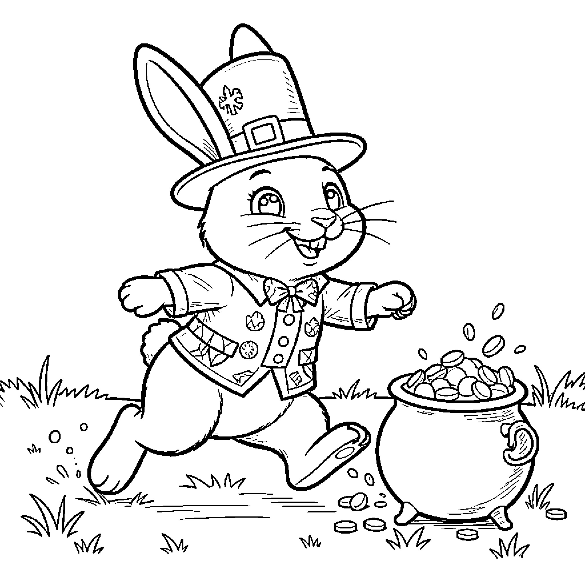 Easter Bunny with Pot of Gold Running on Grass Coloring Page (free black-and-white line drawing printable PDF for all, from beginners to advanced learners, including children, teens, adults, and seniors)