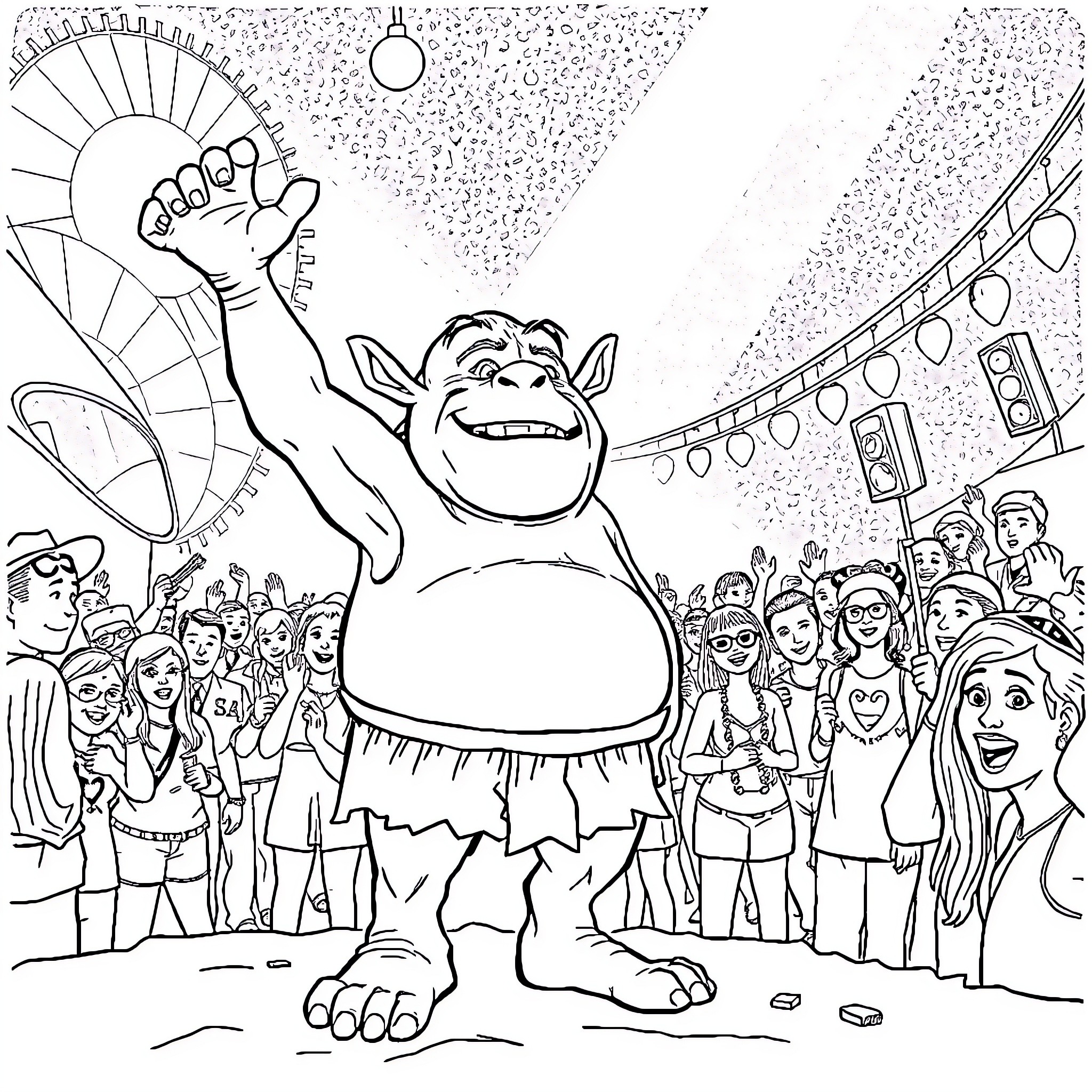 Ogre Celebrating Joyfully with Lively Crowd Coloring Page (free black-and-white line drawing printable PDF for all, from beginners to advanced learners, including children, teens, adults, and seniors)