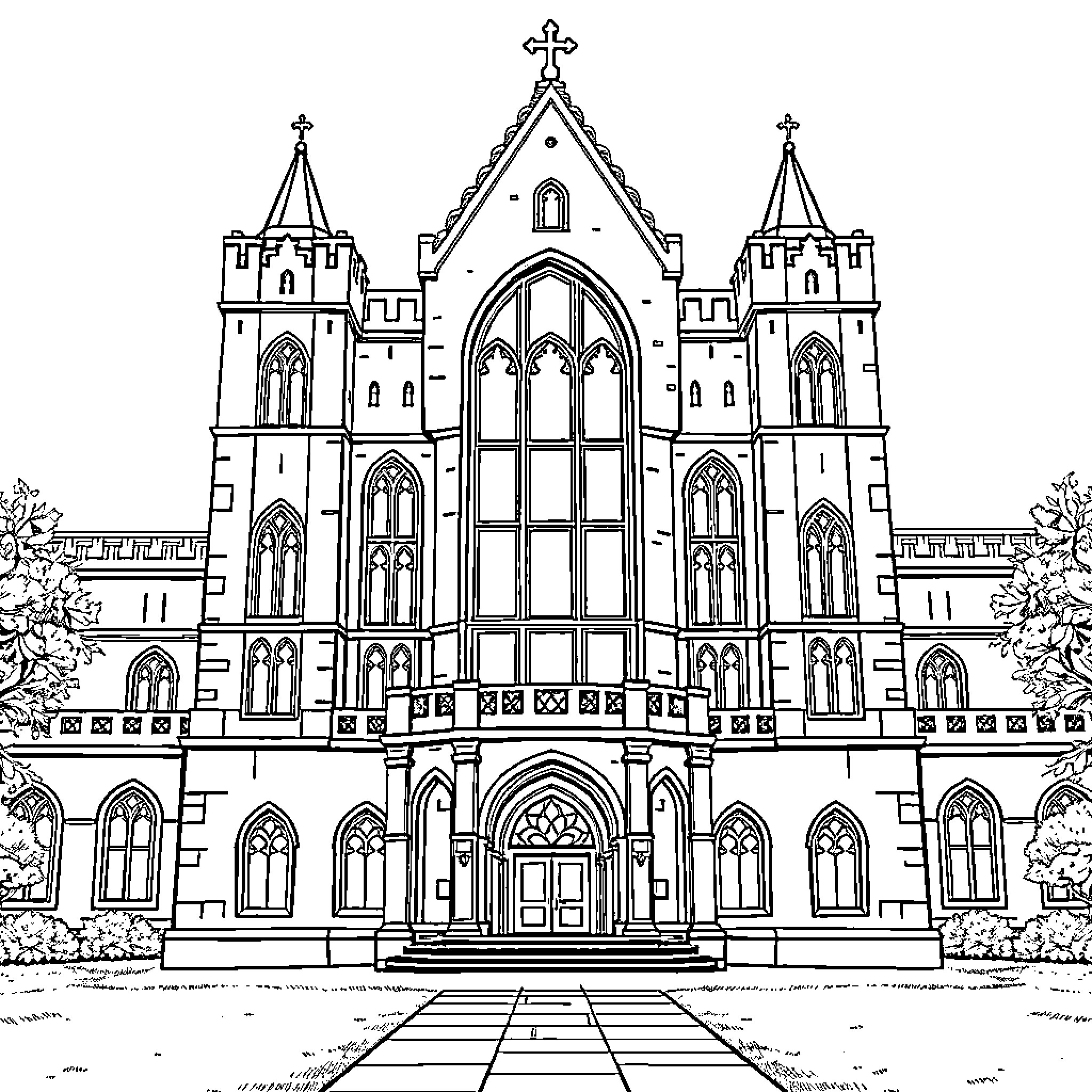 Forth Wing of a Majestic Gothic Cathedral Coloring Page (free black-and-white line drawing printable PDF for all, from beginners to advanced learners, including children, teens, adults, and seniors)
