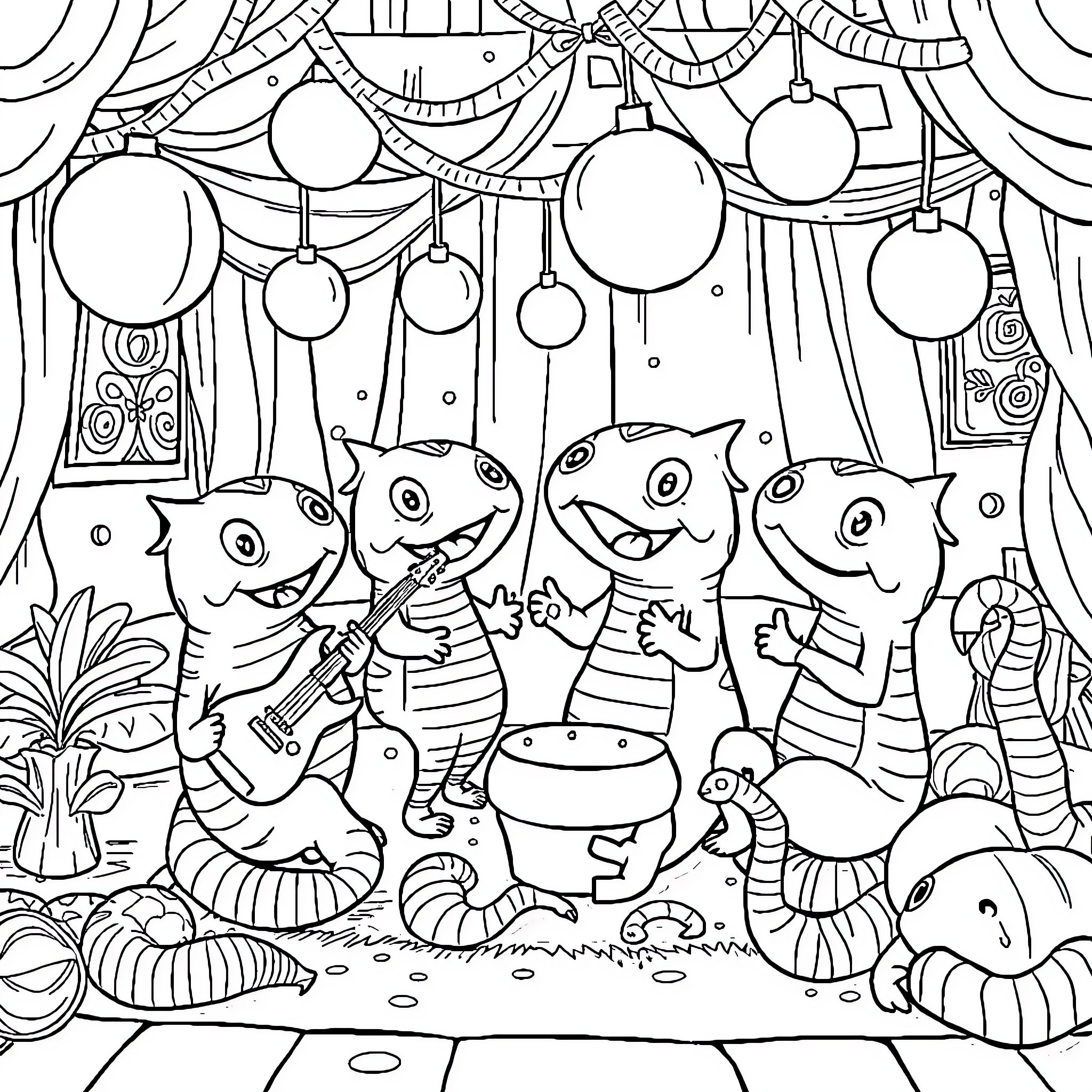 Salchicha's Festive Celebration with Quirky Characters Coloring Page (free black-and-white line drawing printable PDF for all, from beginners to advanced learners, including children, teens, adults, and seniors)