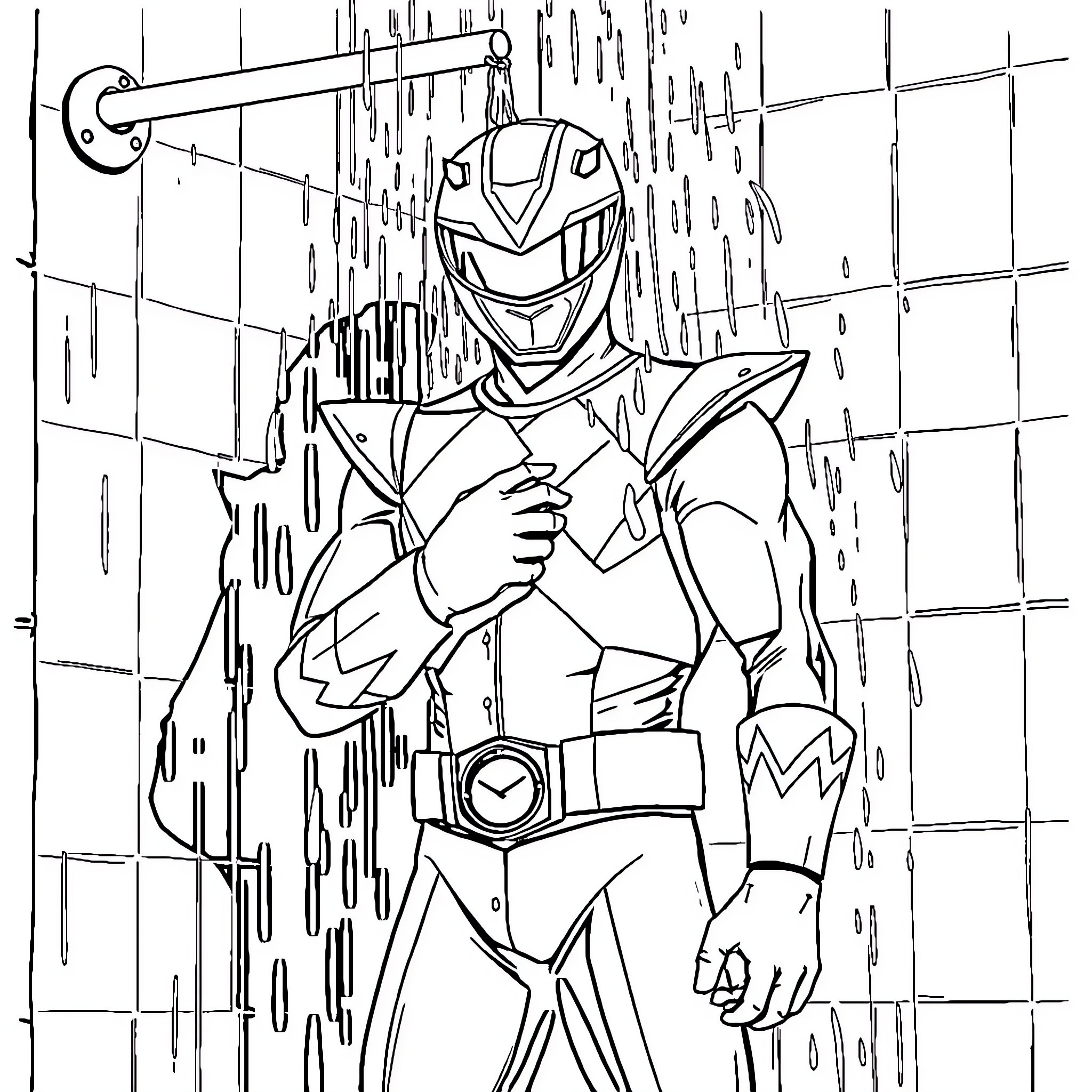 Ranger in Heroic Pose Amid Futuristic Landscape Coloring Page (free black-and-white line drawing printable PDF for all, from beginners to advanced learners, including children, teens, adults, and seniors)