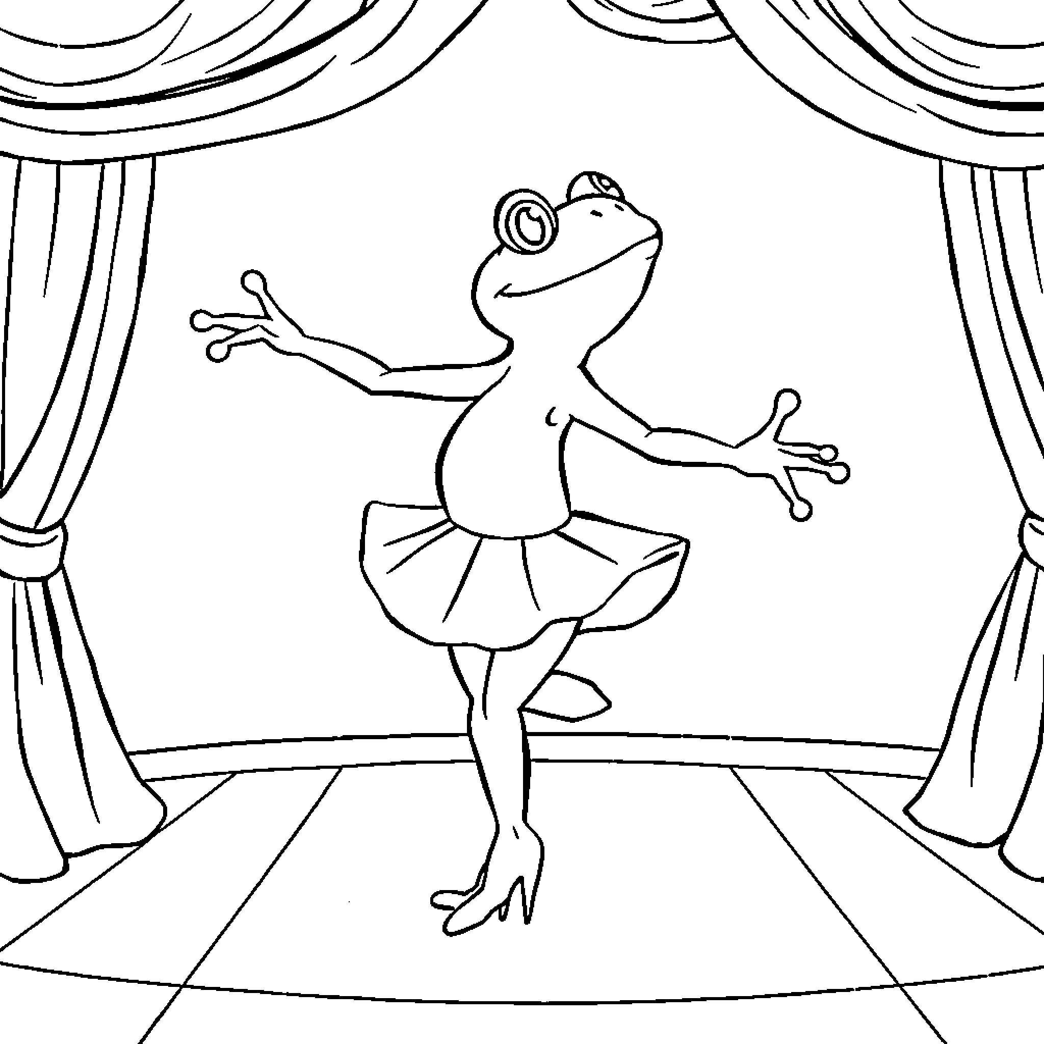 Frog ballerina performing on stage Coloring Page (free black-and-white line drawing printable PDF for all, from beginners to advanced learners, including children, teens, adults, and seniors)