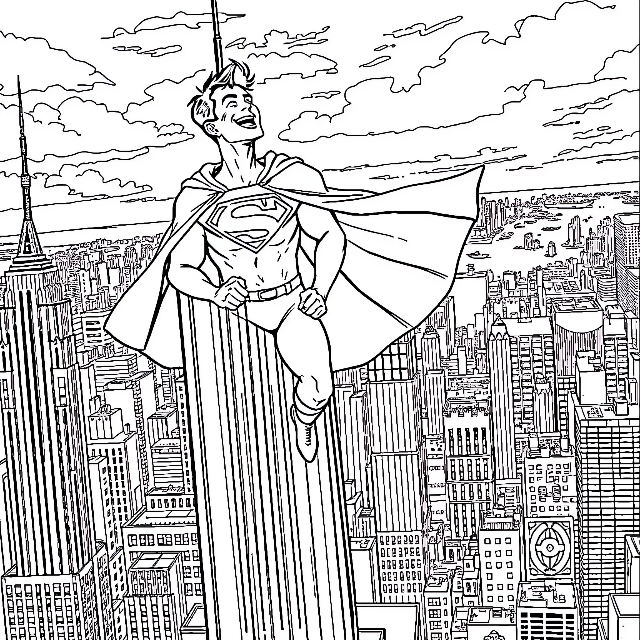 Superman soaring over the cityscape Coloring Page (free black-and-white line drawing printable PDF for all, from beginners to advanced learners, including children, teens, adults, and seniors)