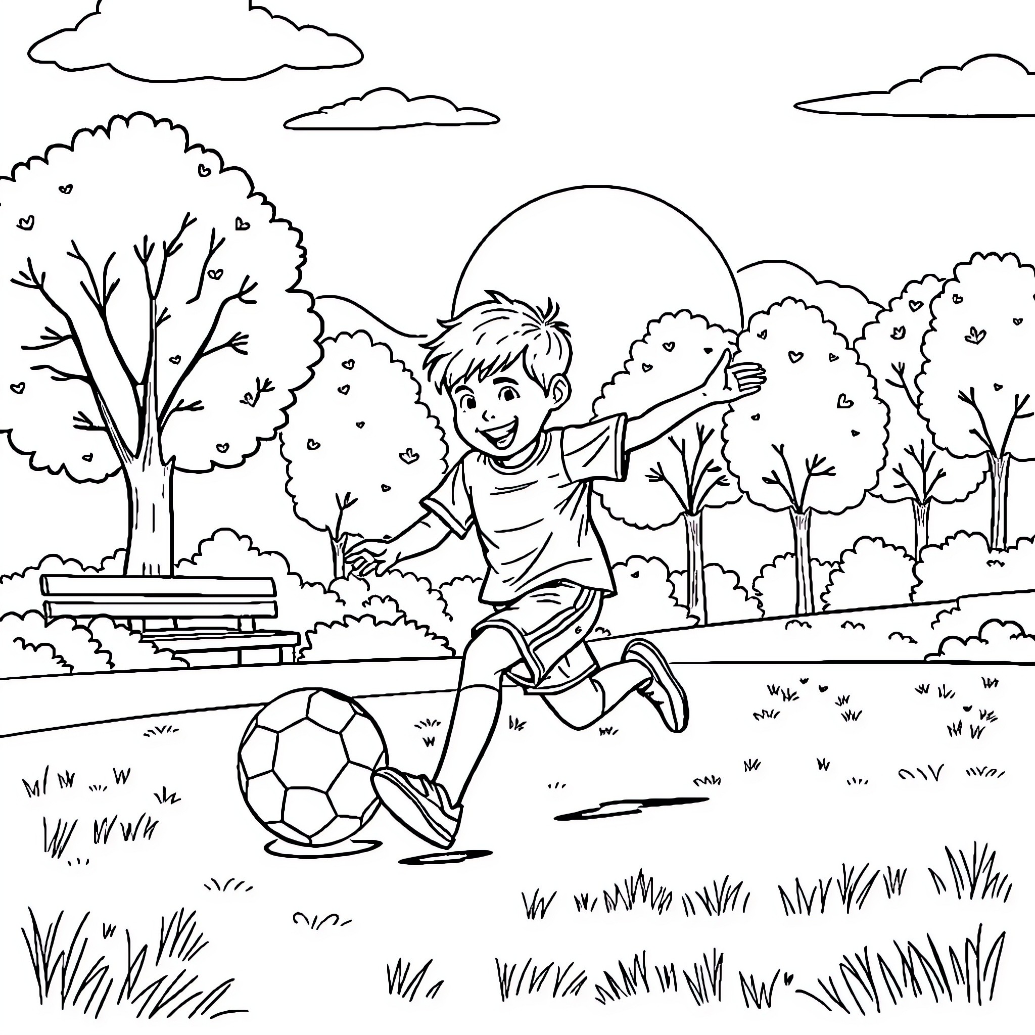Boy playing soccer in the park Coloring Page (free black-and-white line drawing printable PDF for all, from beginners to advanced learners, including children, teens, adults, and seniors)
