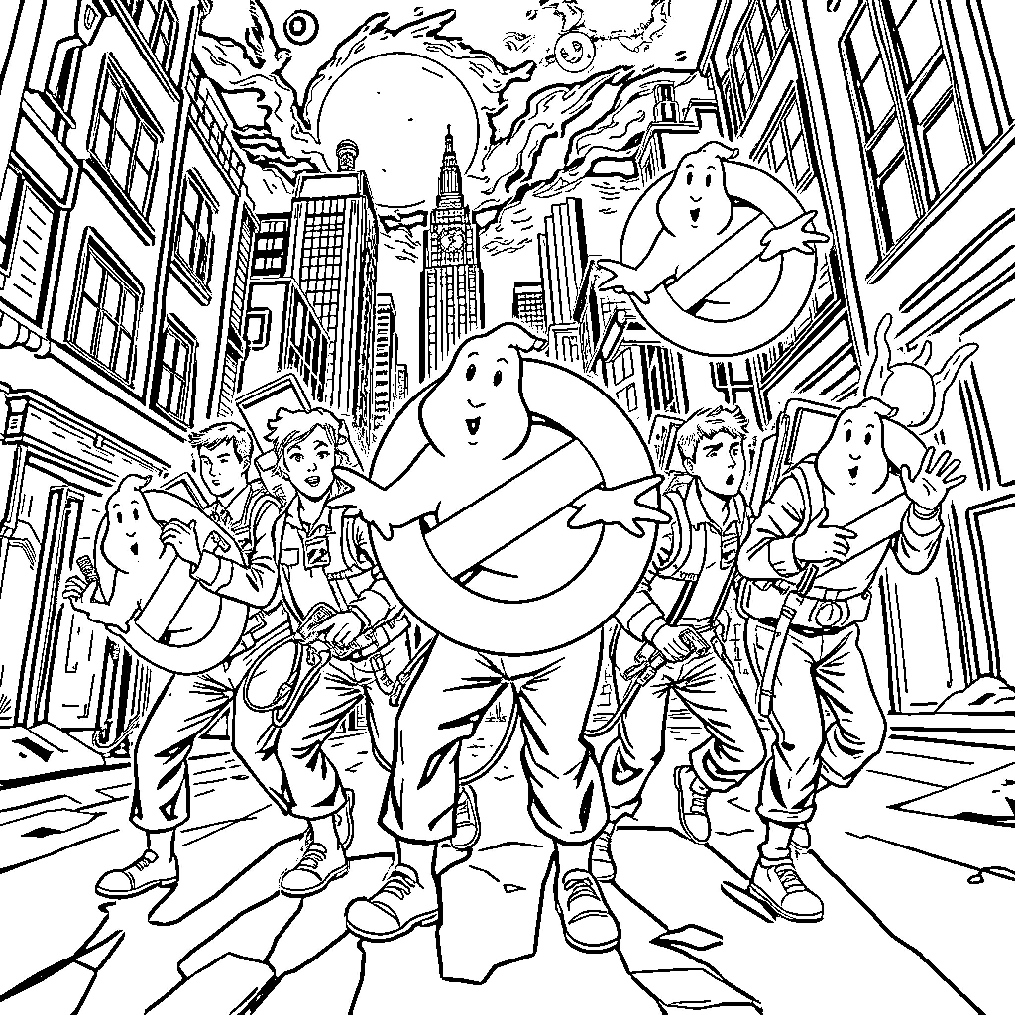 Ghostbusters team battling supernatural forces in the city Coloring Page (free black-and-white line drawing printable PDF for all, from beginners to advanced learners, including children, teens, adults, and seniors)
