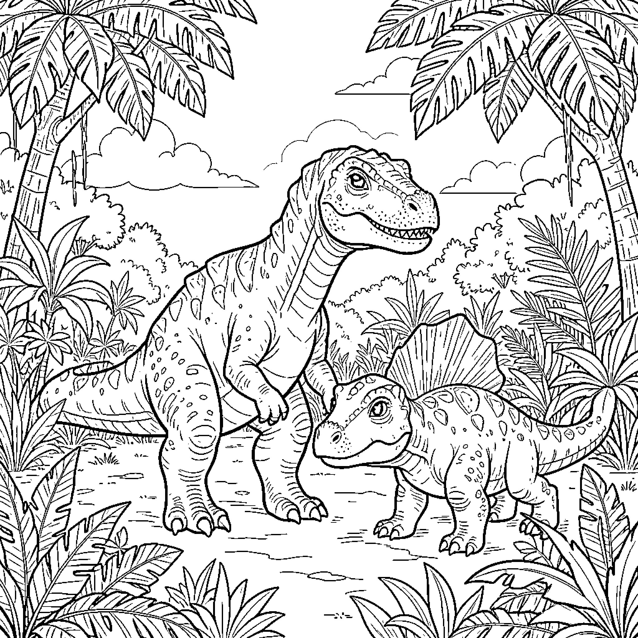 Spinosaurus in the Jurassic Wilderness Coloring Page (free black-and-white line drawing printable PDF for all, from beginners to advanced learners, including children, teens, adults, and seniors)