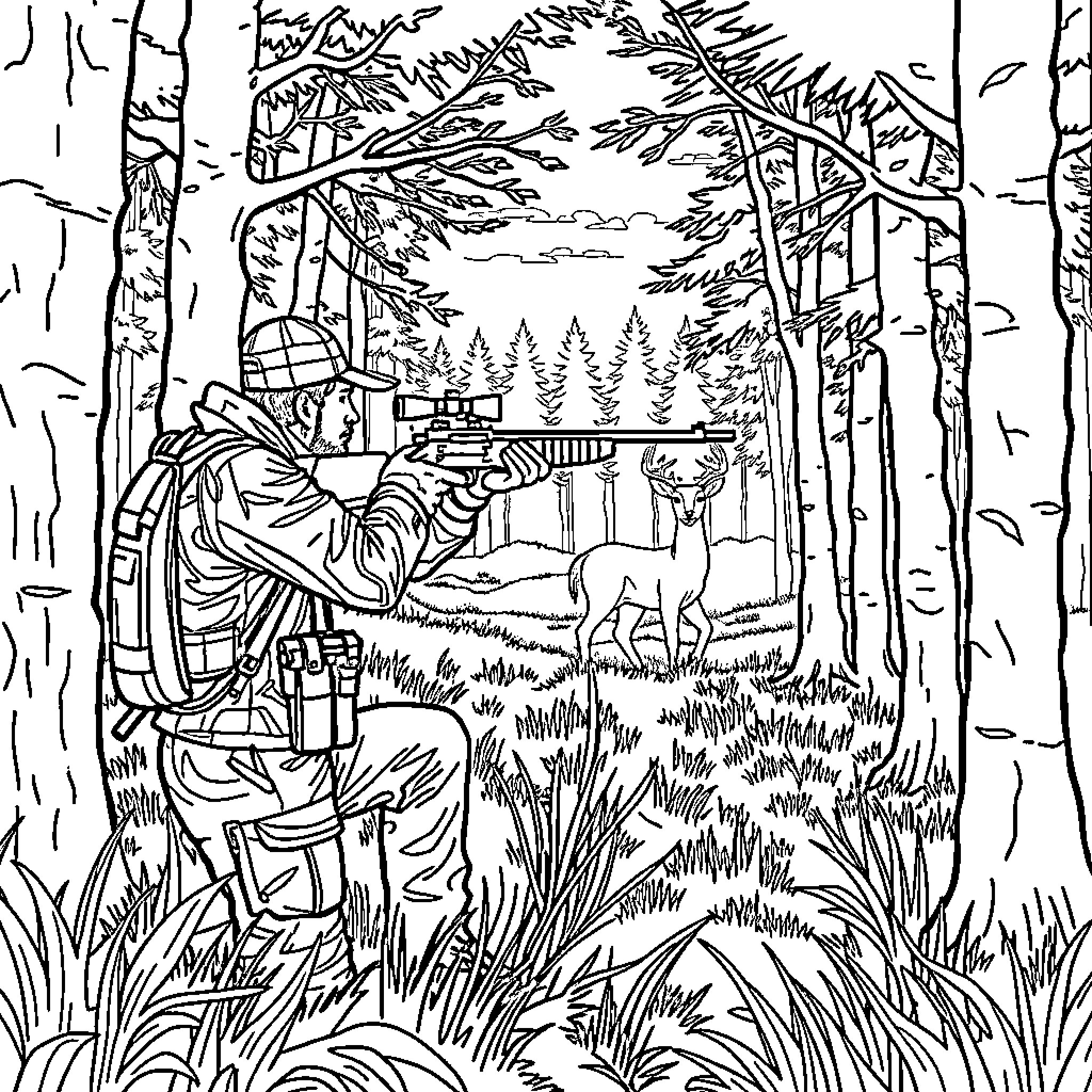 Hunter Aiming Rifle at Wildlife in Forest Landscape Coloring Page (free black-and-white line drawing printable PDF for all, from beginners to advanced learners, including children, teens, adults, and seniors)