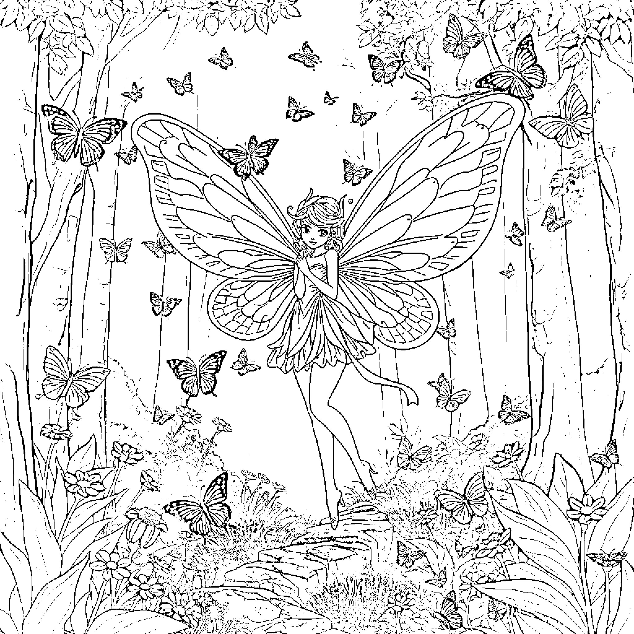 Fairy surrounded by butterflies in the forest Coloring Page (free black-and-white line drawing printable PDF for all, from beginners to advanced learners, including children, teens, adults, and seniors)