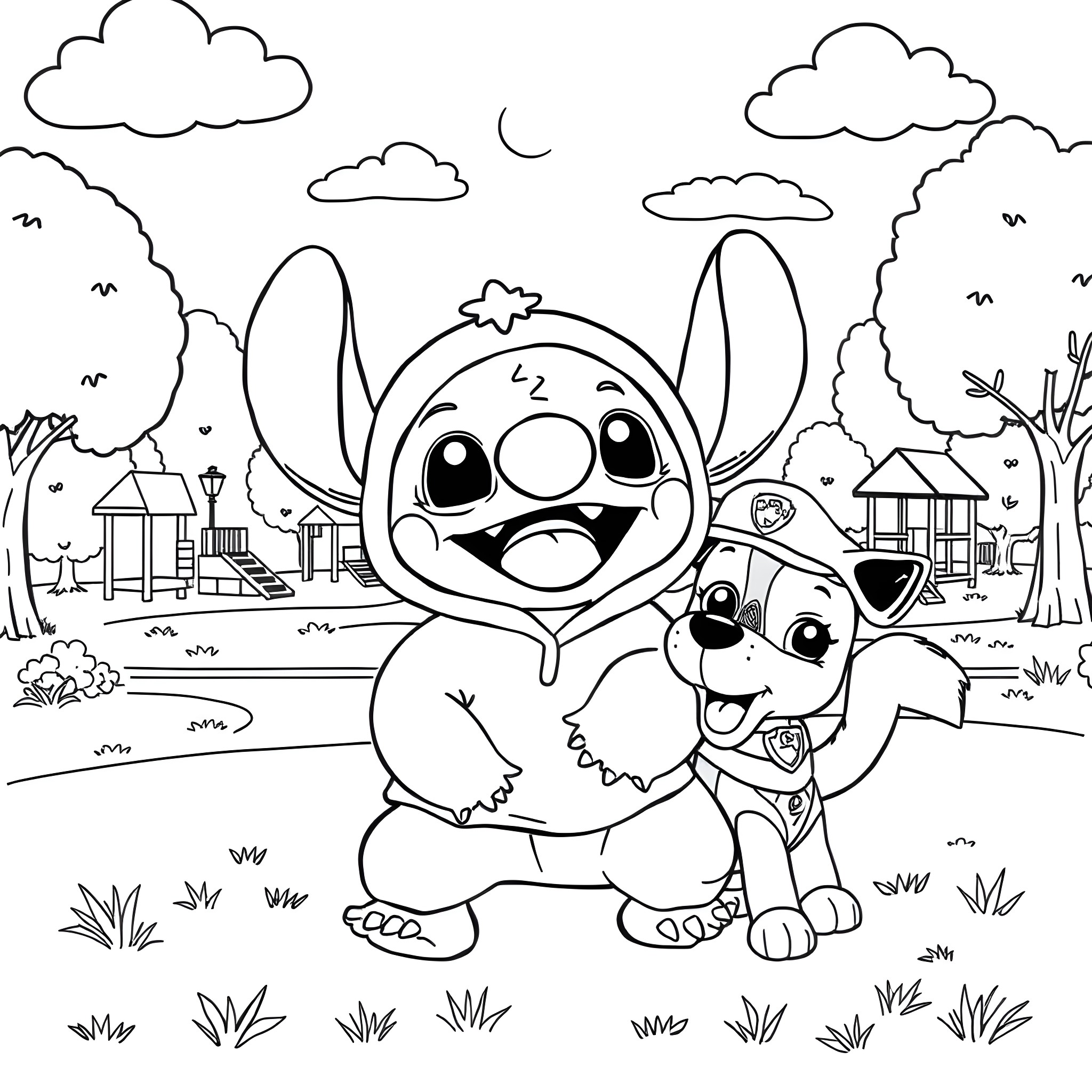 Stitch and Puppy Playing Together in the Park Coloring Page (free black-and-white line drawing printable PDF for all, from beginners to advanced learners, including children, teens, adults, and seniors)