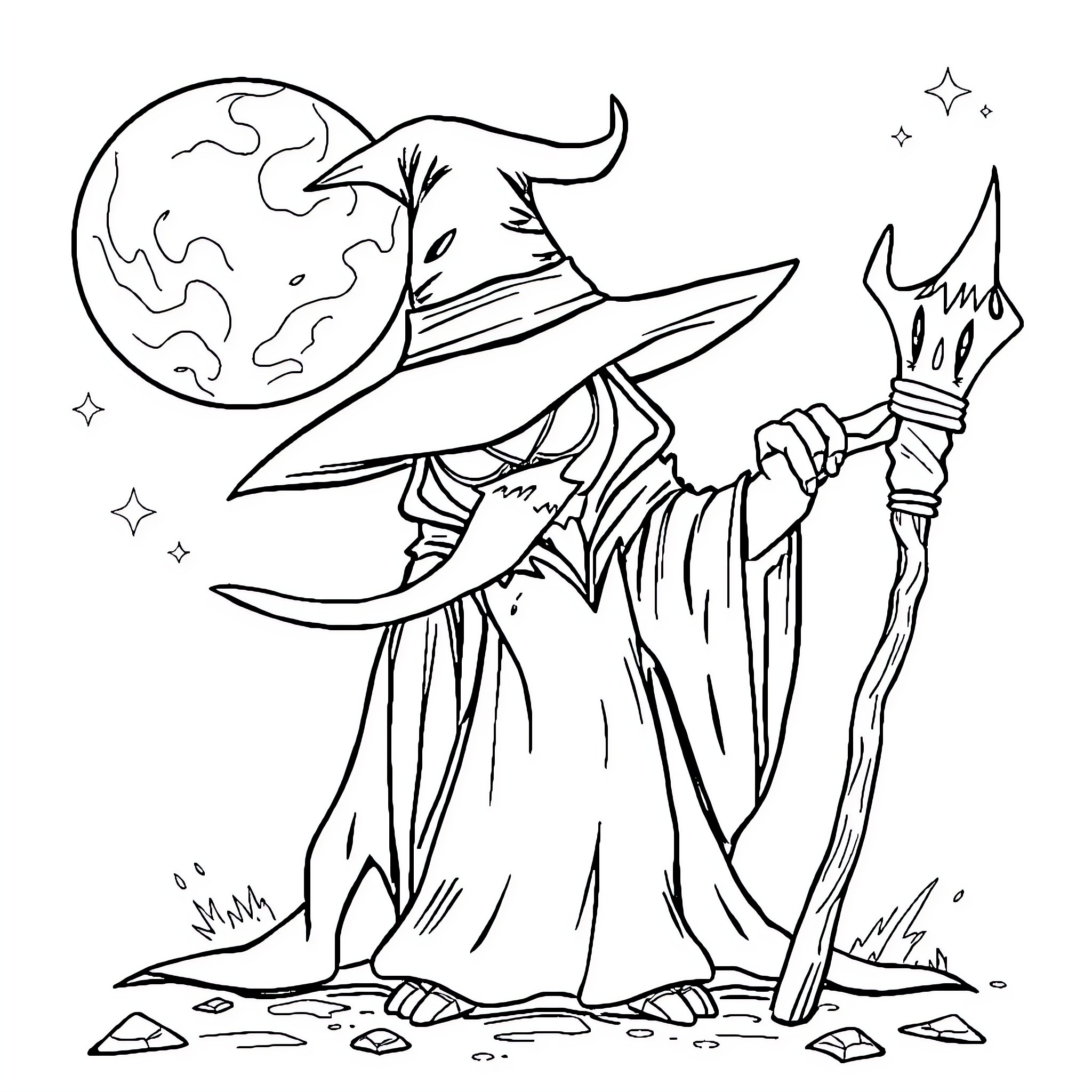Dark Mage wielding magical staff under a crescent moon Coloring Page (free black-and-white line drawing printable PDF for all, from beginners to advanced learners, including children, teens, adults, and seniors)