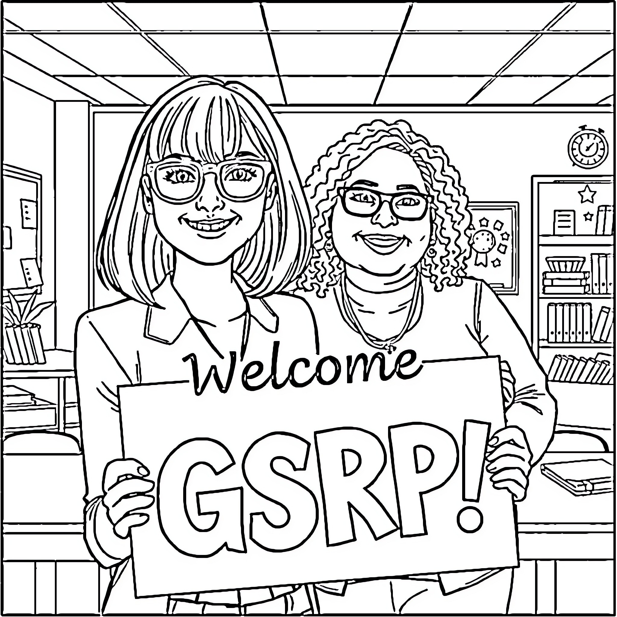 Teacher welcomes students in school classroom Coloring Page (free black-and-white line drawing printable PDF for all, from beginners to advanced learners, including children, teens, adults, and seniors)