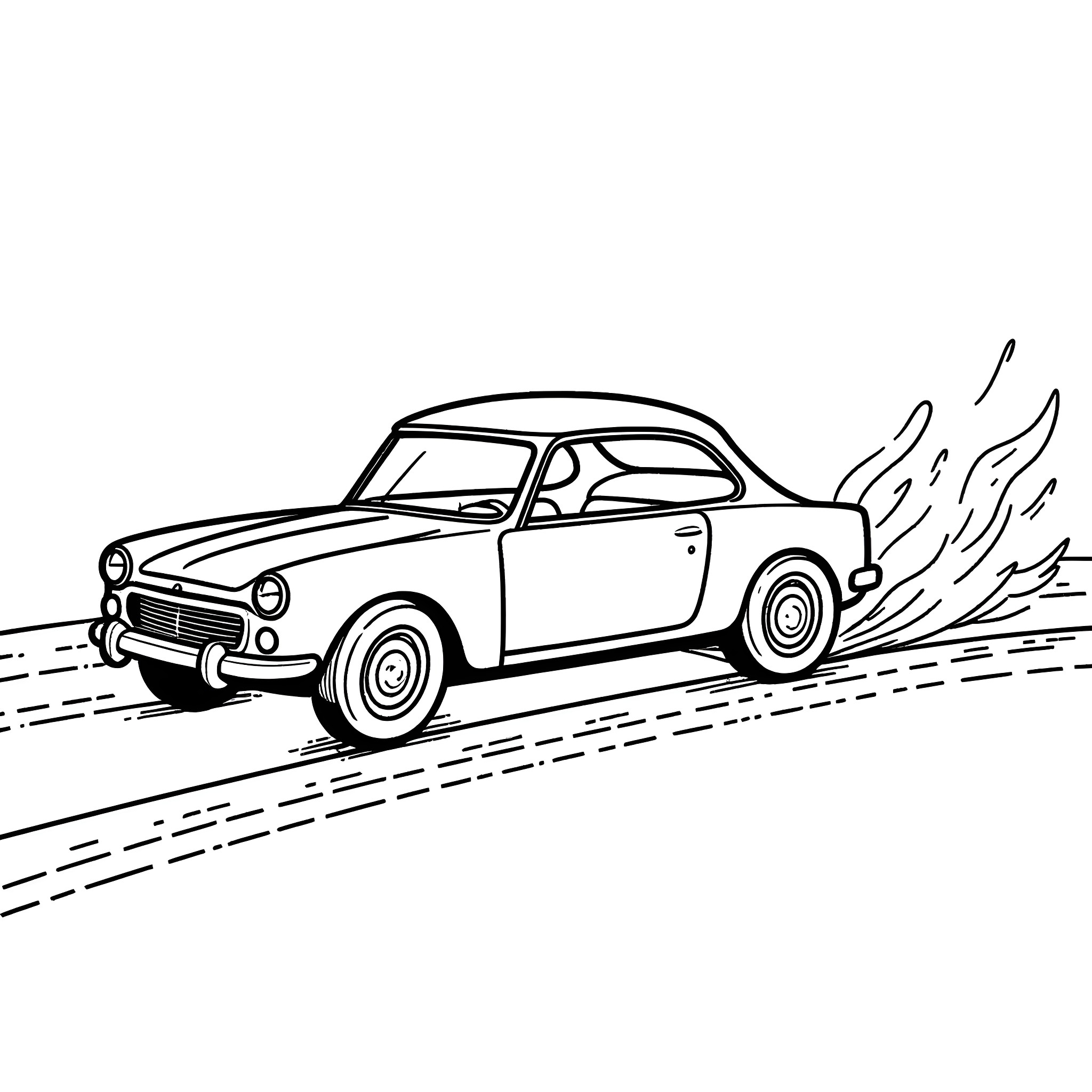 Mini car speeding down the road Coloring Page (free black-and-white line drawing printable PDF for all, from beginners to advanced learners, including children, teens, adults, and seniors)